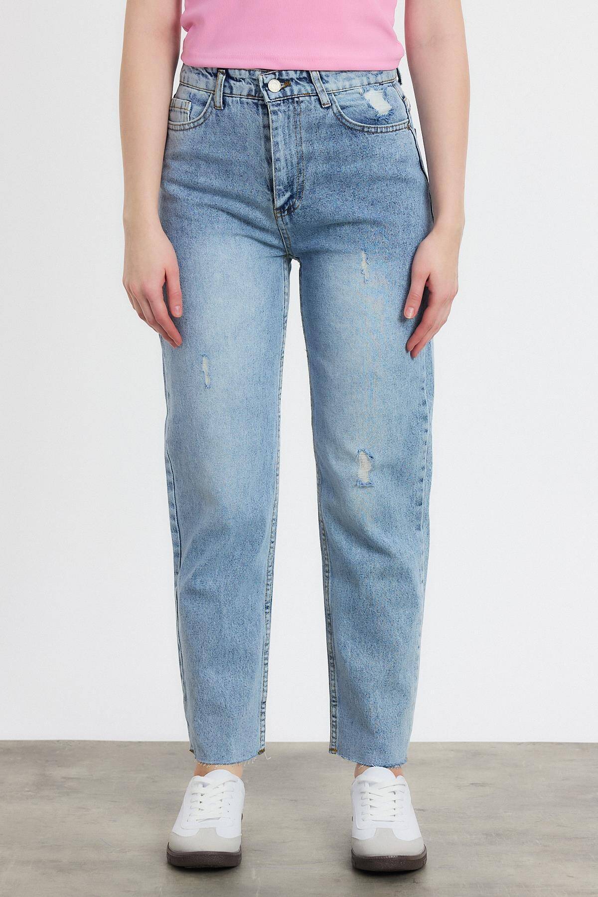 0703 Yırtık Detay Mom Jean Koyu Mavi - Stilay