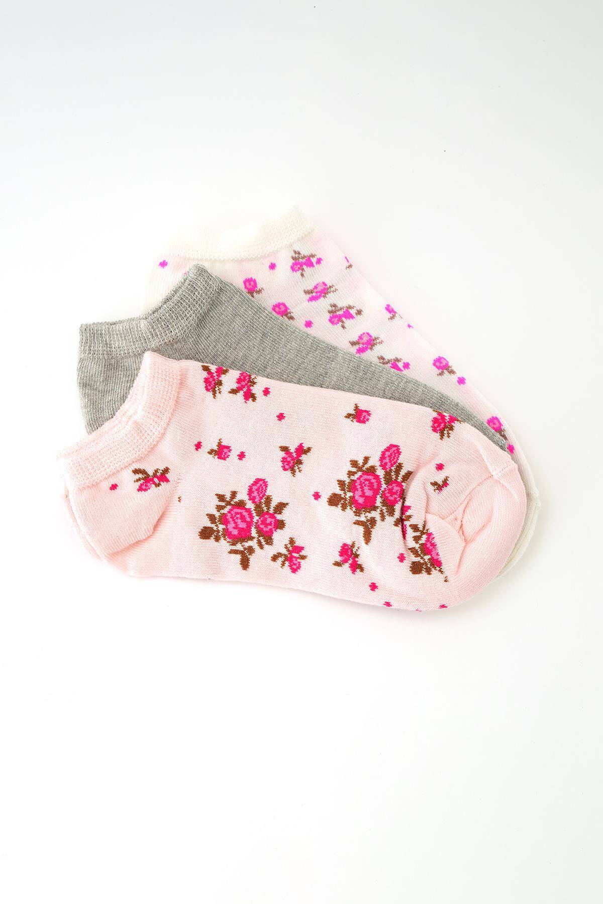 1005 Çiçek Desen 3'Lü Patik Çorap Renkli - Stilay