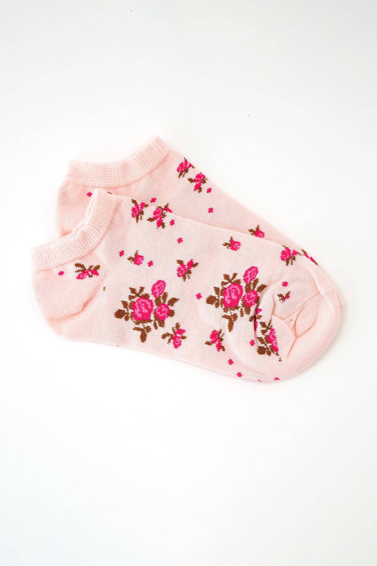 1005 Çiçek Desen 3'Lü Patik Çorap Renkli - Stilay