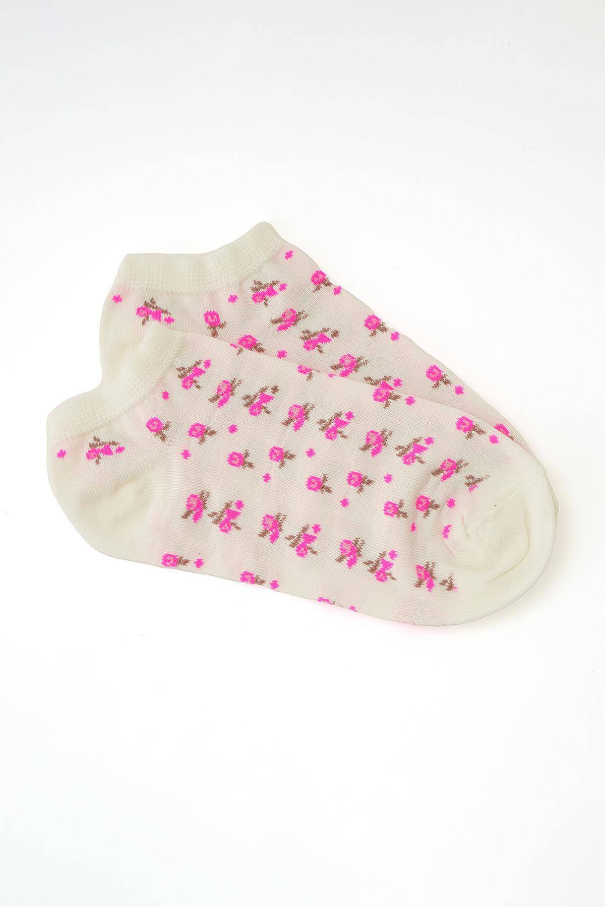 1005 Çiçek Desen 3'Lü Patik Çorap Renkli - 4