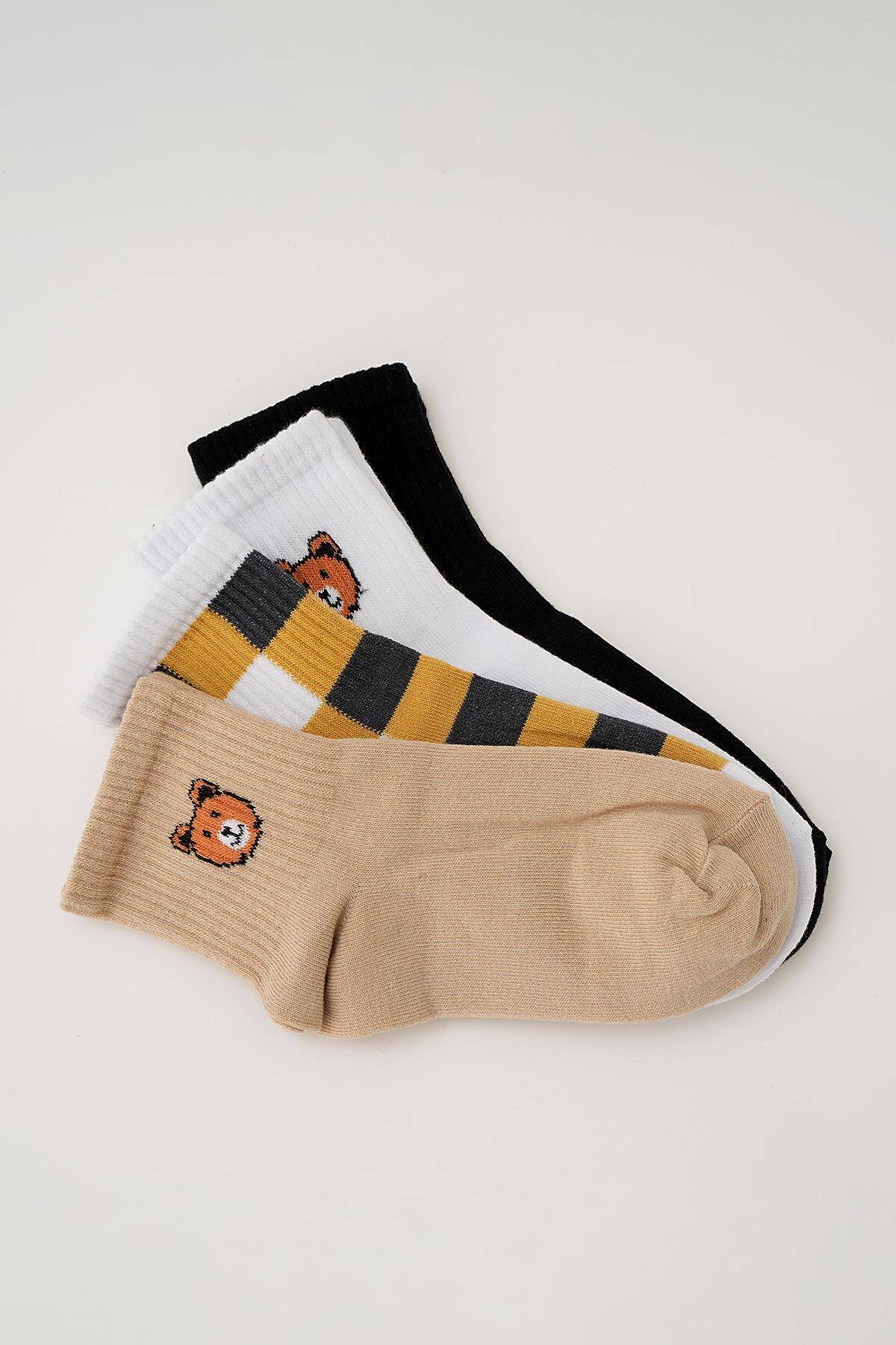 1084 Ayıcık Desen 4'lü Soket Çorap Renkli - Stilay