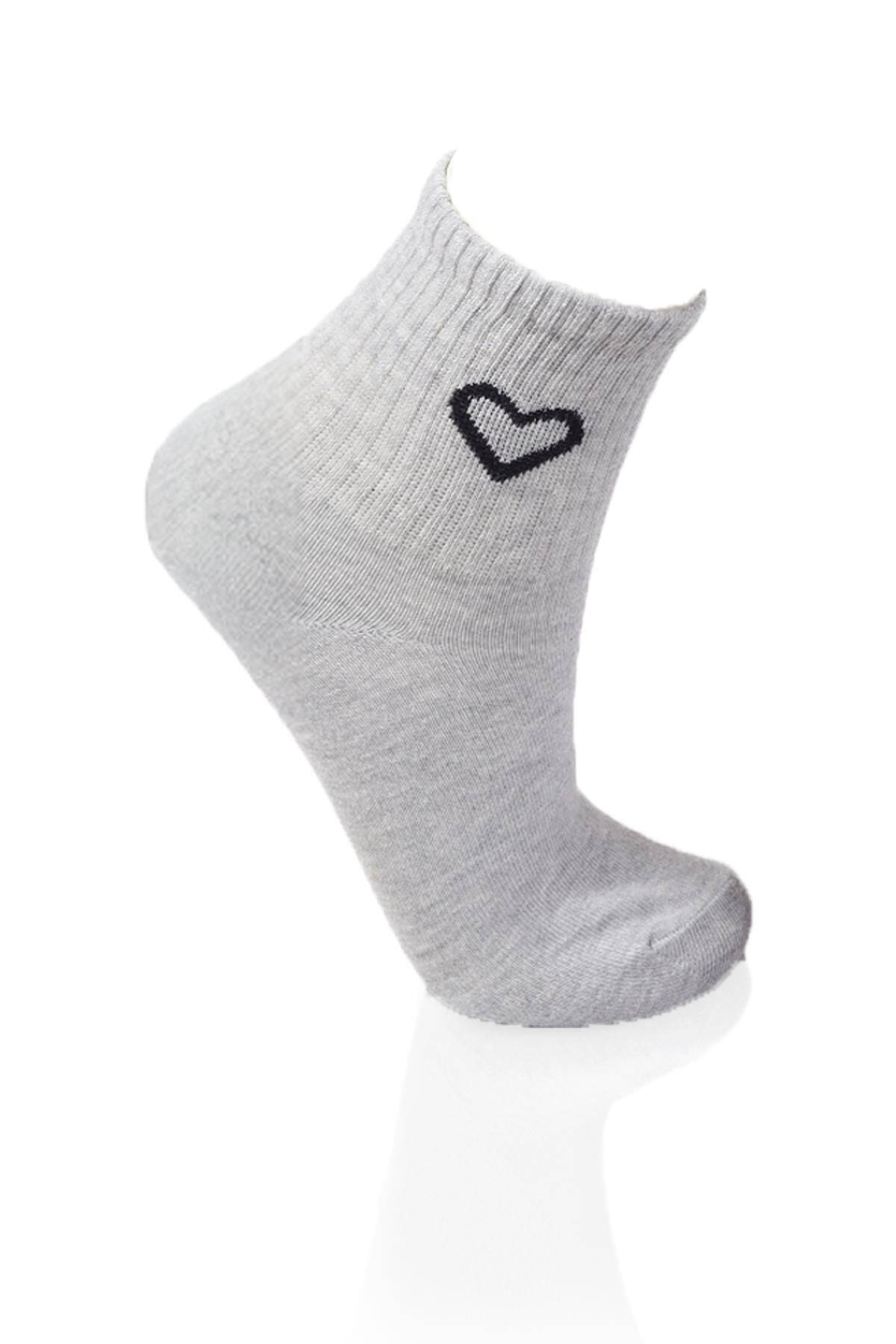 1100 3'lü Kalp Detay Tenis Yarım Konç Çorap Siyah-Beyaz-Gri - Stilay