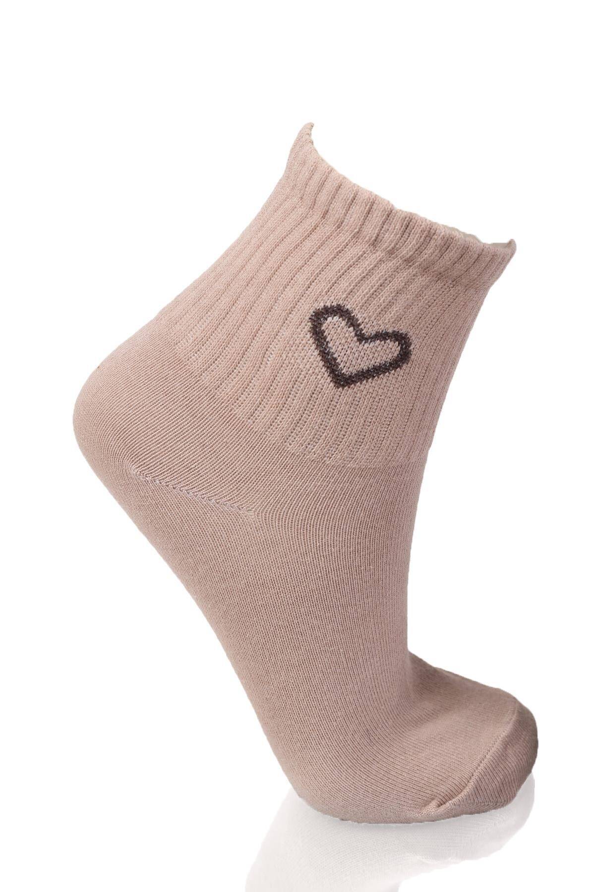 1100 3'lü Kalp Detay Tenis Yarım Konç Çorap Vizon-Taş-Kahve - Stilay