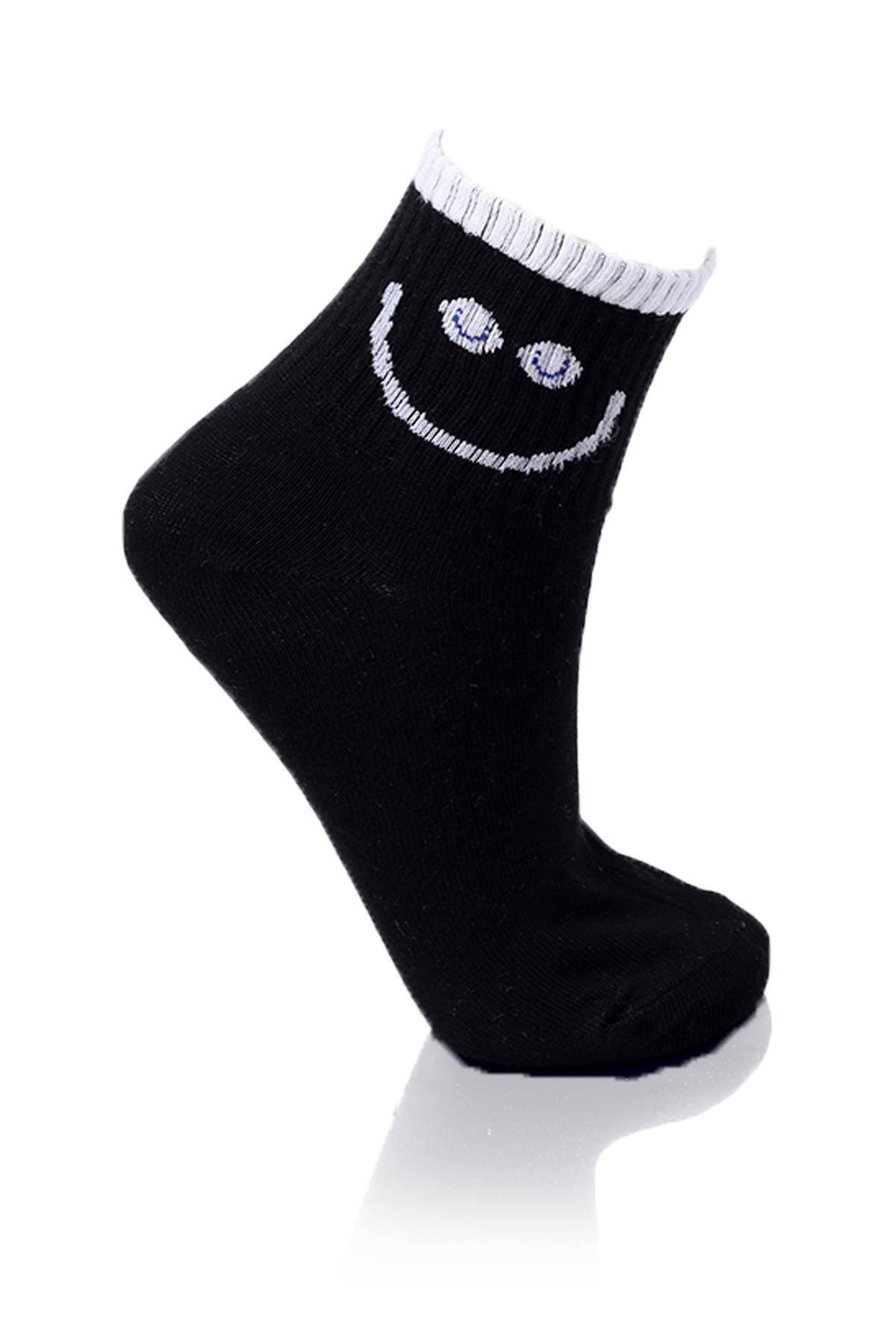 1102 Smile Baskı 3'lü Yarım Konç Çorap Beyaz-Siyah-Mavi - Stilay
