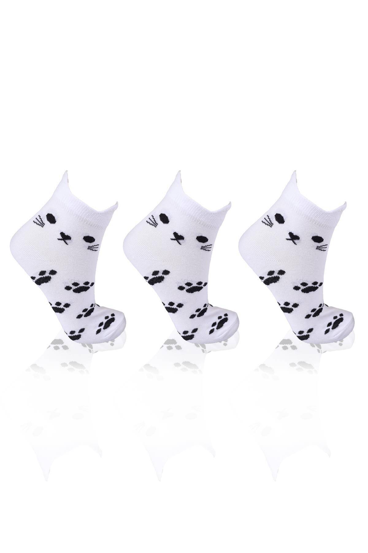 1105 Üç Boyutlu Kedili 3'lü Patik Çorap Beyaz - Stilay