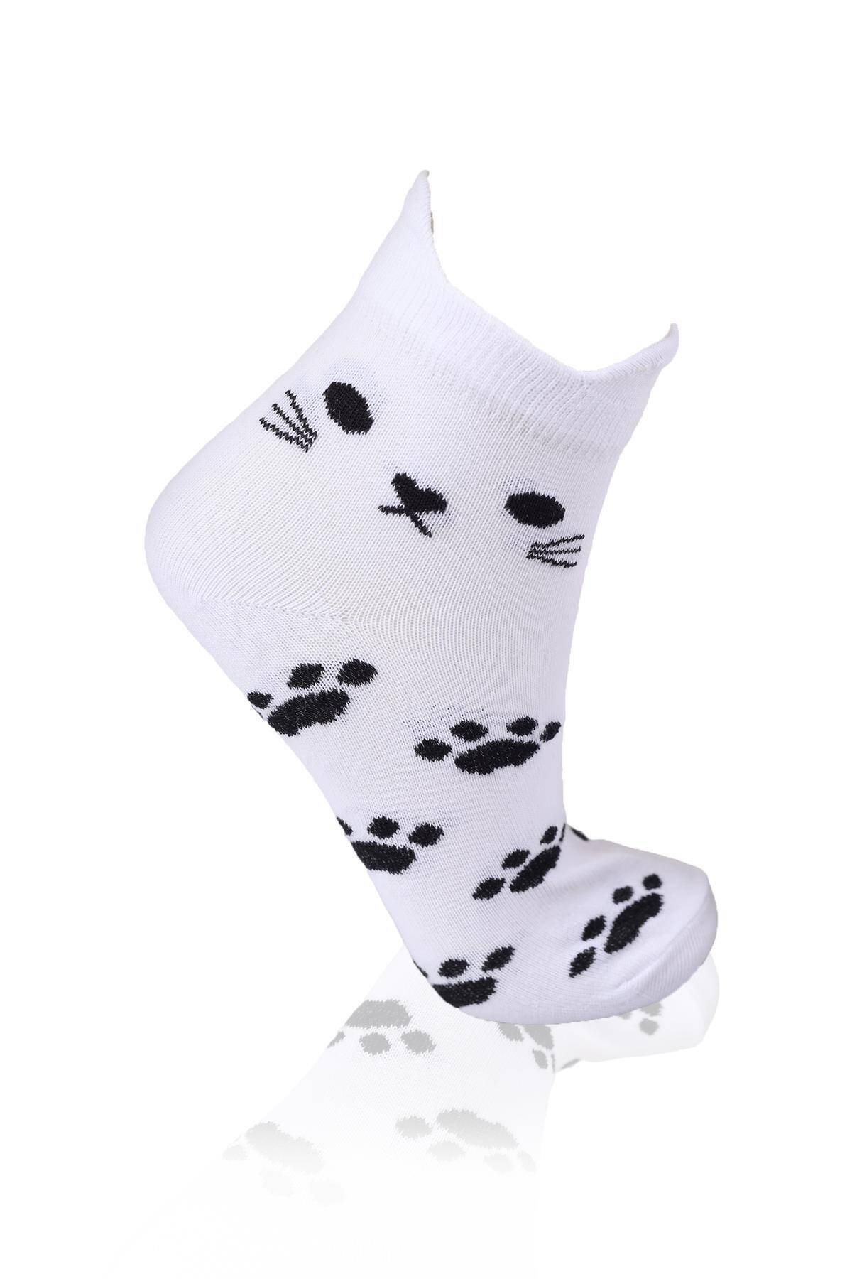 1105 Üç Boyutlu Kedili 3'lü Patik Çorap Beyaz - 2