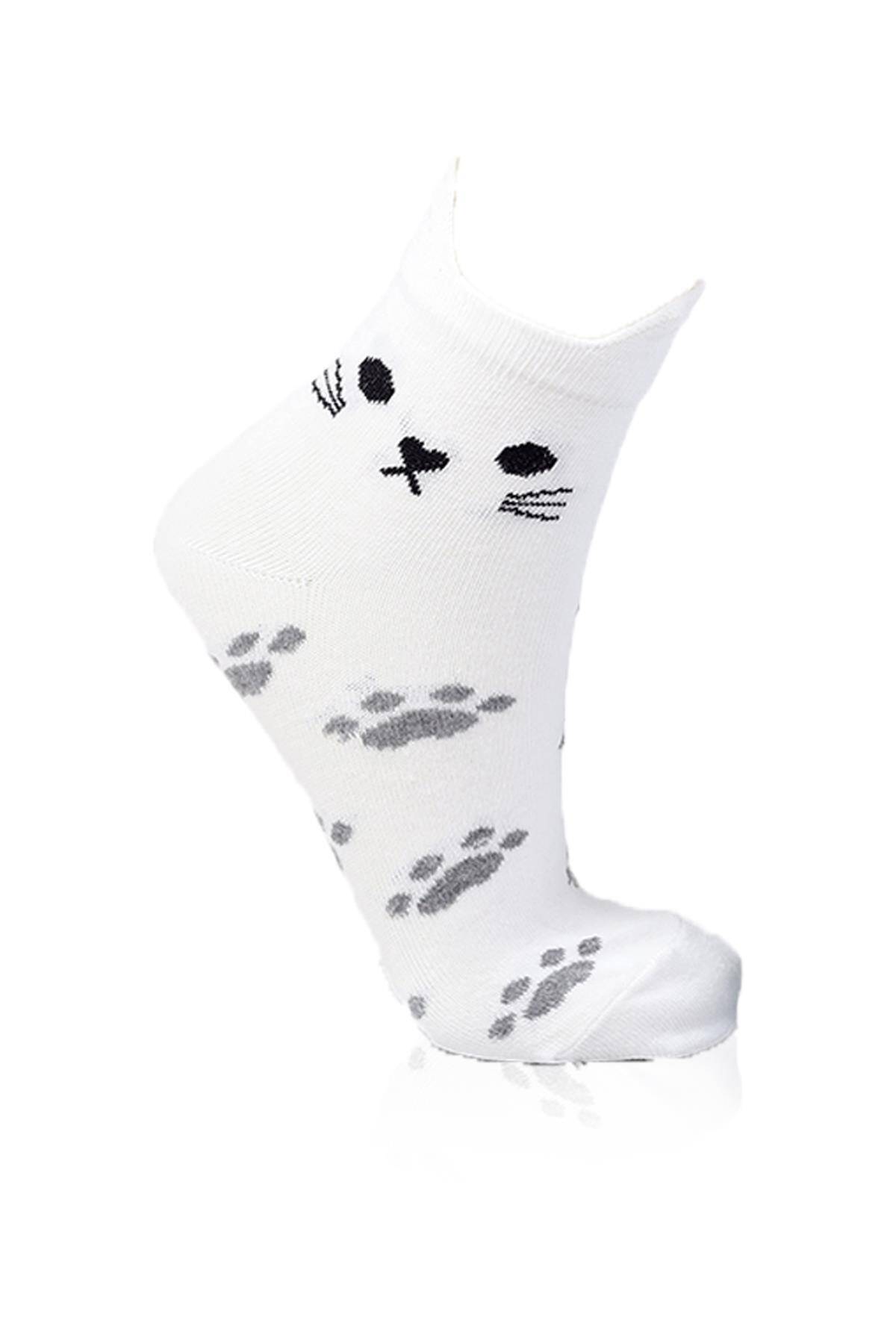 1105 Üç Boyutlu Kedili 3'lü Patik Çorap Beyaz-Gri-Mavi - Stilay