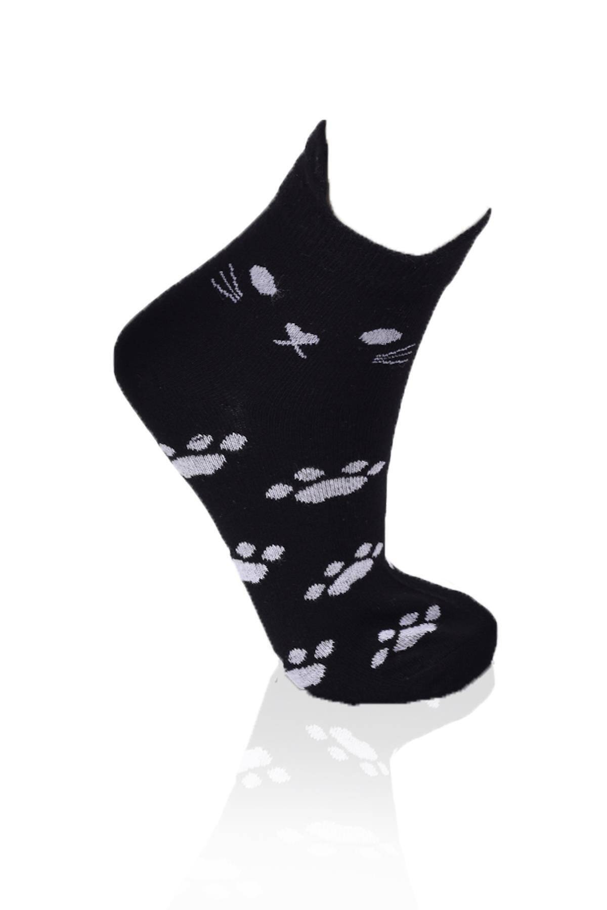 1105 Üç Boyutlu Kedili 3'lü Patik Çorap Siyah - Stilay