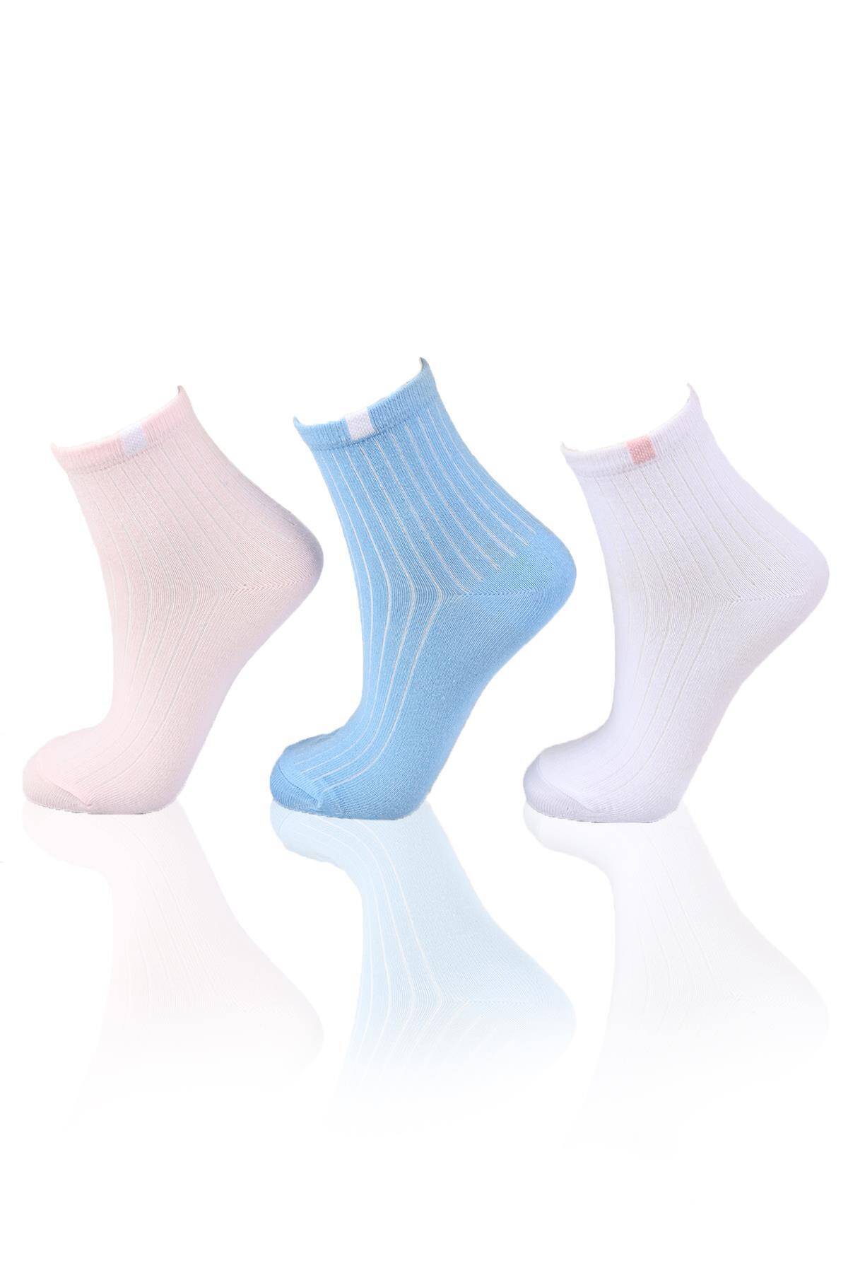 1107 Yarım Konç 3'lü Çorap Mavi-Pembe-Beyaz - Stilay