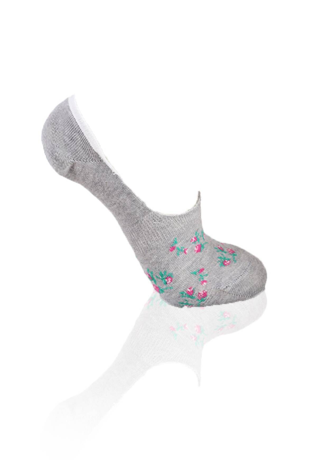 1110 Çiçek Desenli 3'lü Babet Çorap Ekru-Gri-Pembe - Stilay