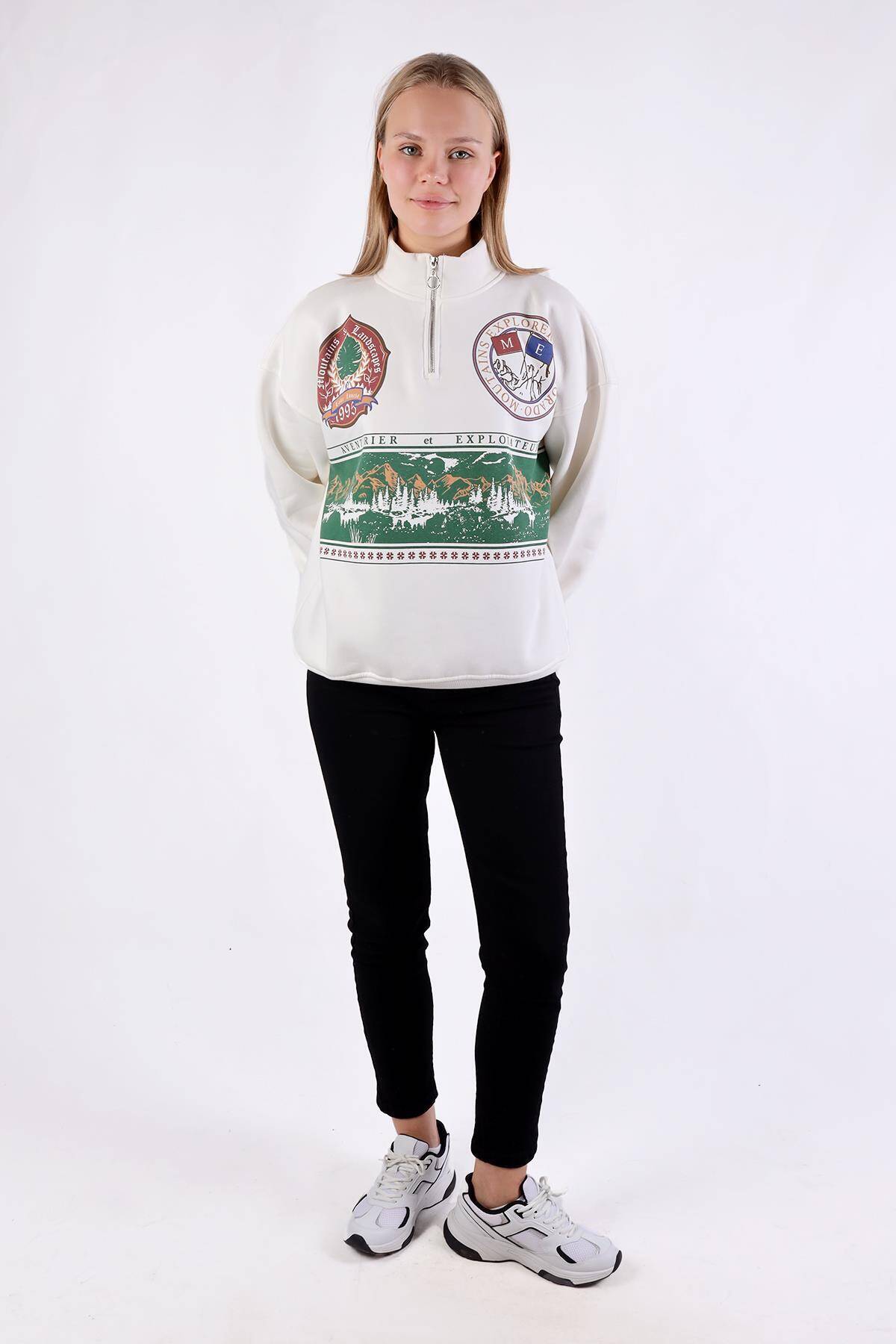 1118 Baskılı Fermuarlı Sweat Ekru - Stilay