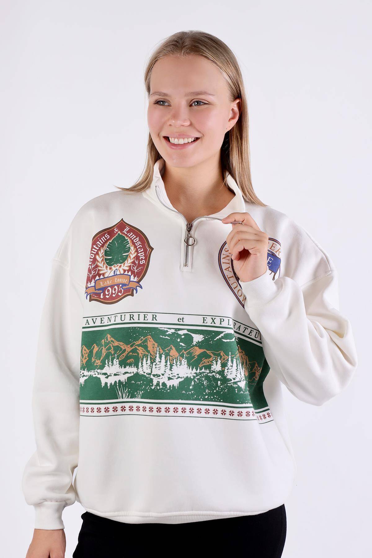 1118 Baskılı Fermuarlı Sweat Ekru - 3