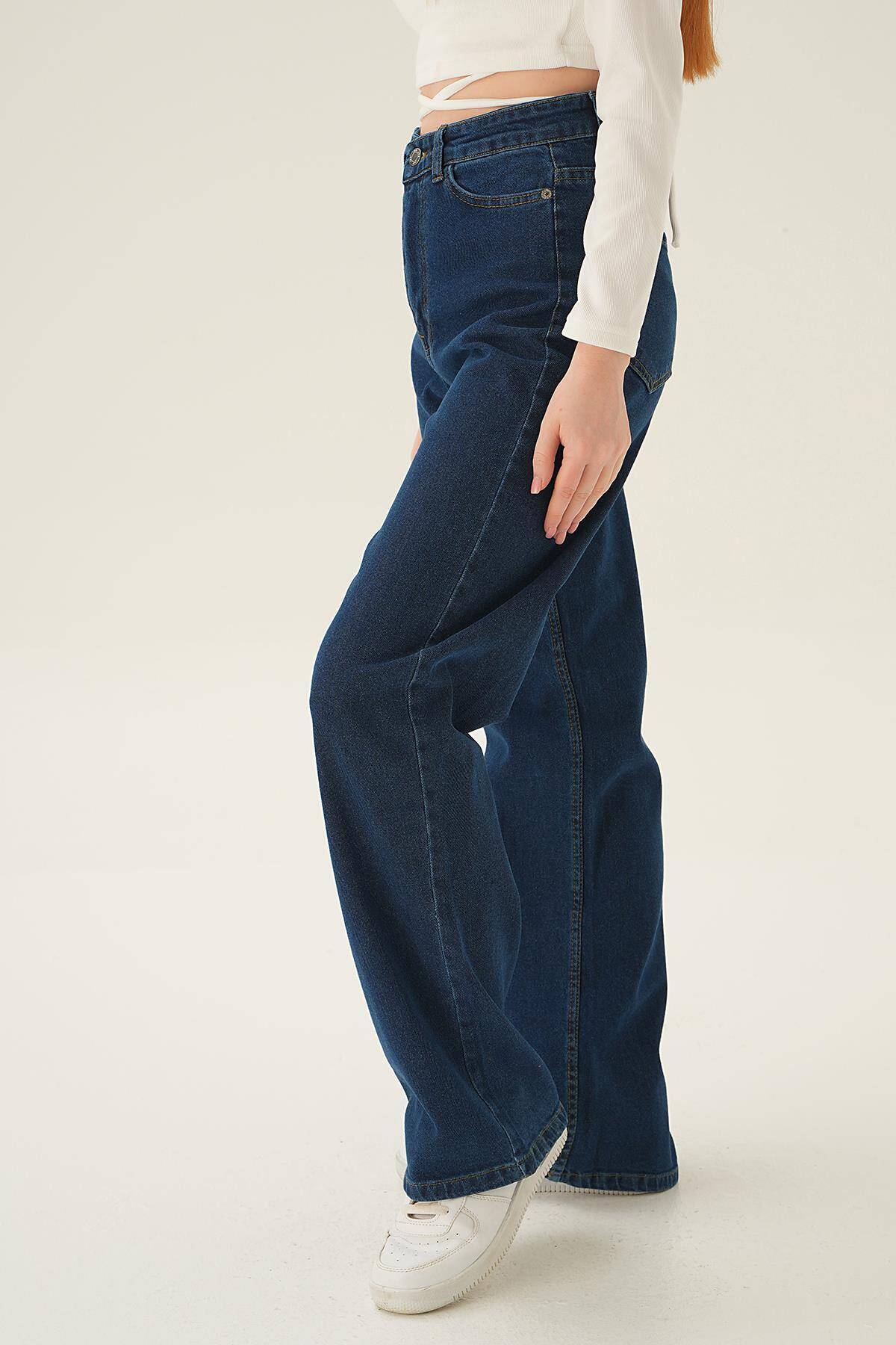 11201 Yüksek Bel Bol Paça Jean Koyu Mavi - Stilay