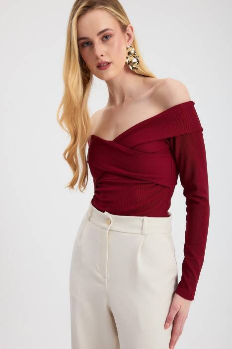 12748 Çapraz Madonna Yaka Bluz Bordo - Stilay
