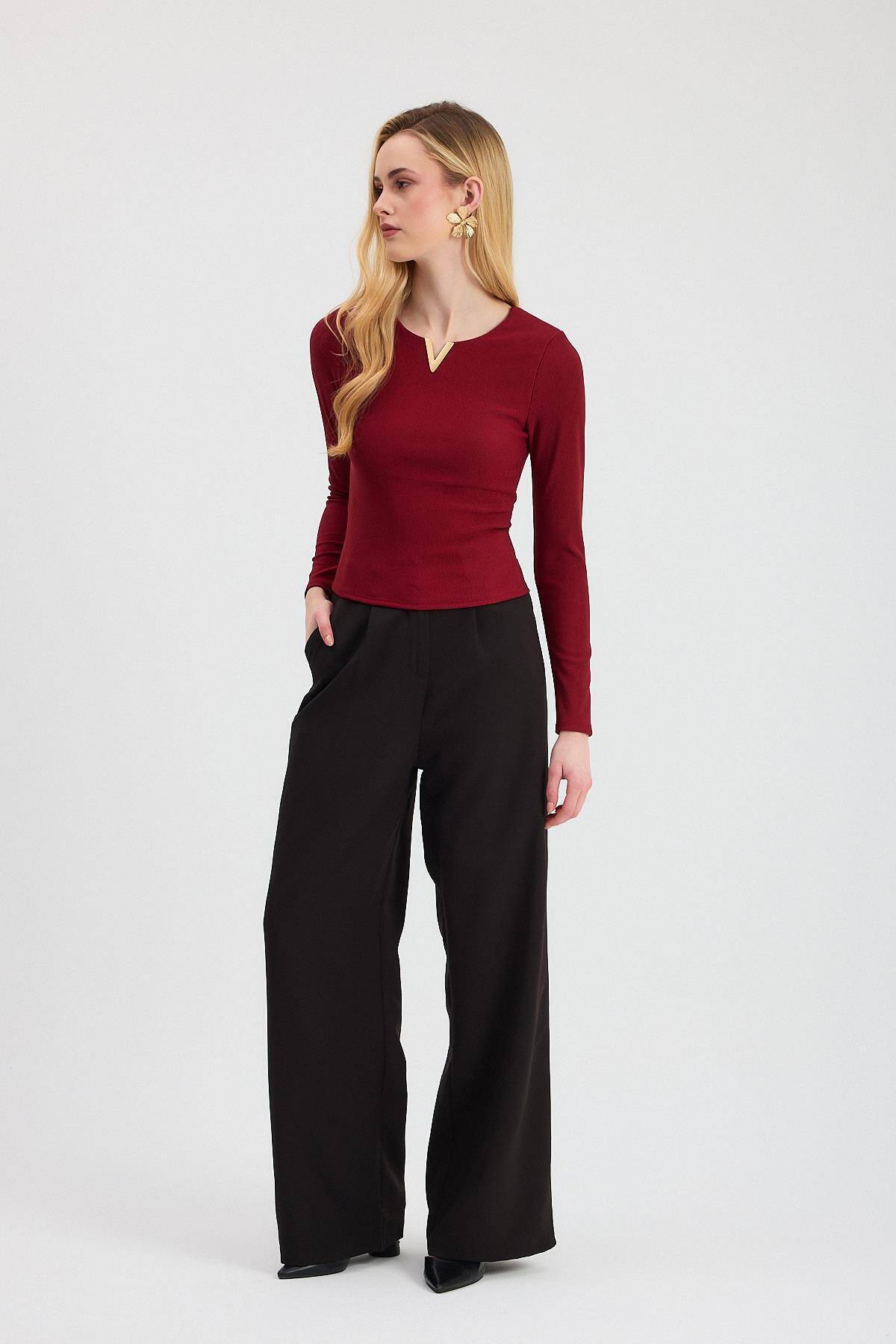 13084 Yaka V Demir Bluz Bordo - Stilay