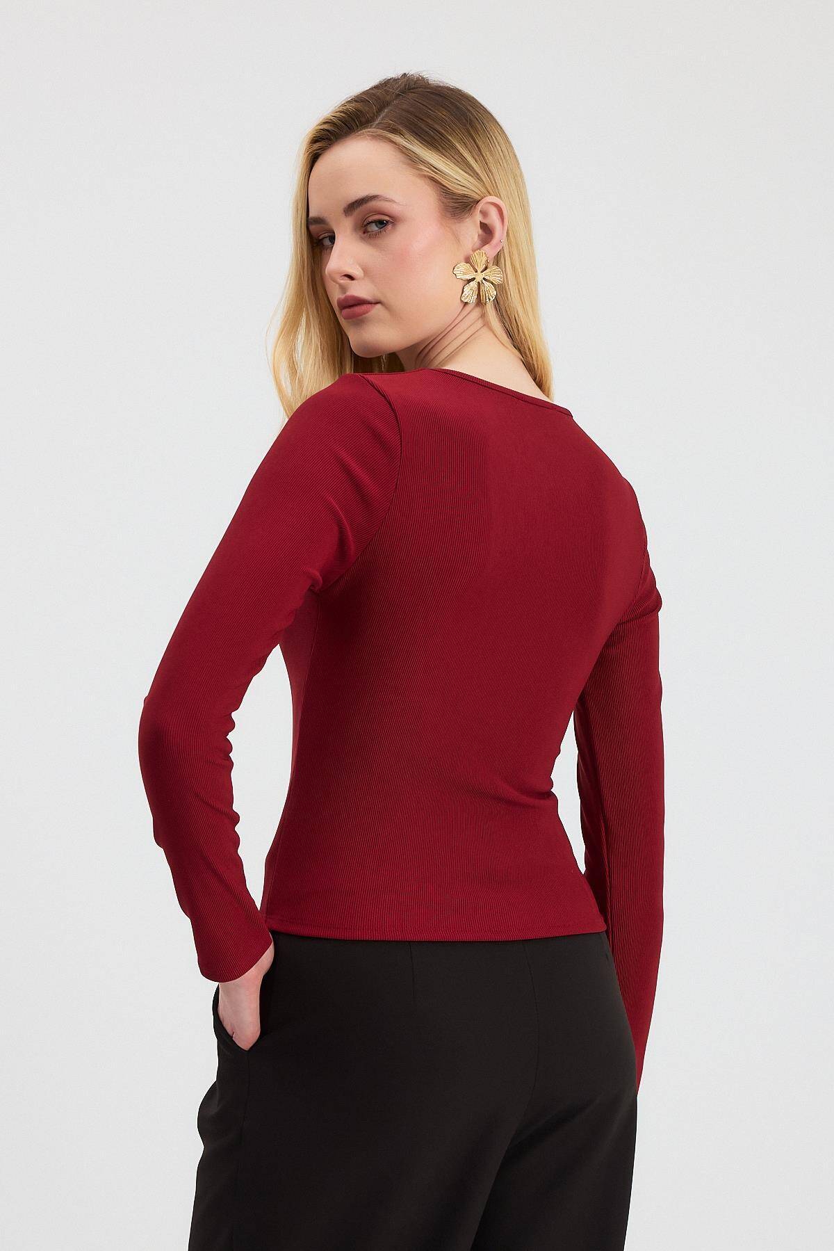13084 Yaka V Demir Bluz Bordo - 5