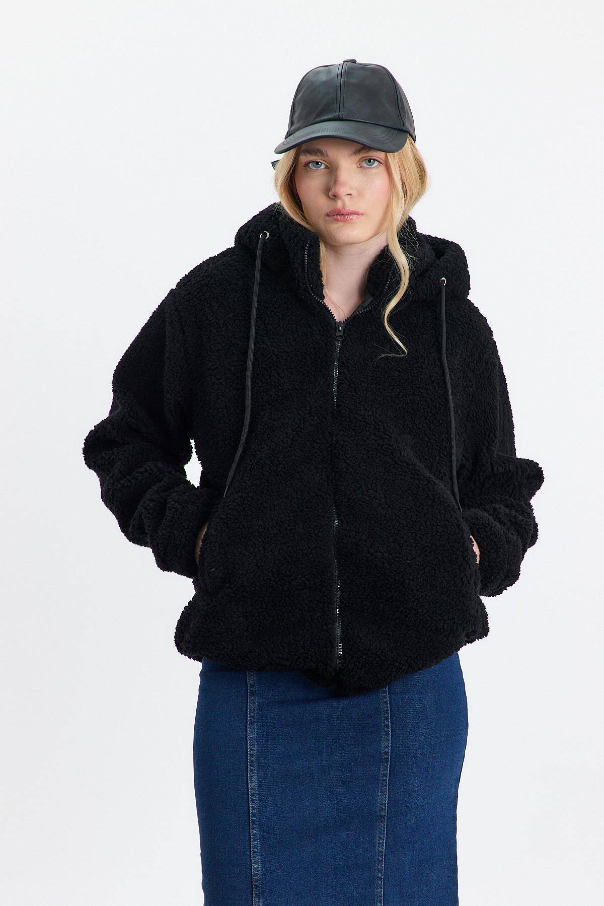 18847 Kapüşonlu Welsoft Hırka Siyah - Stilay