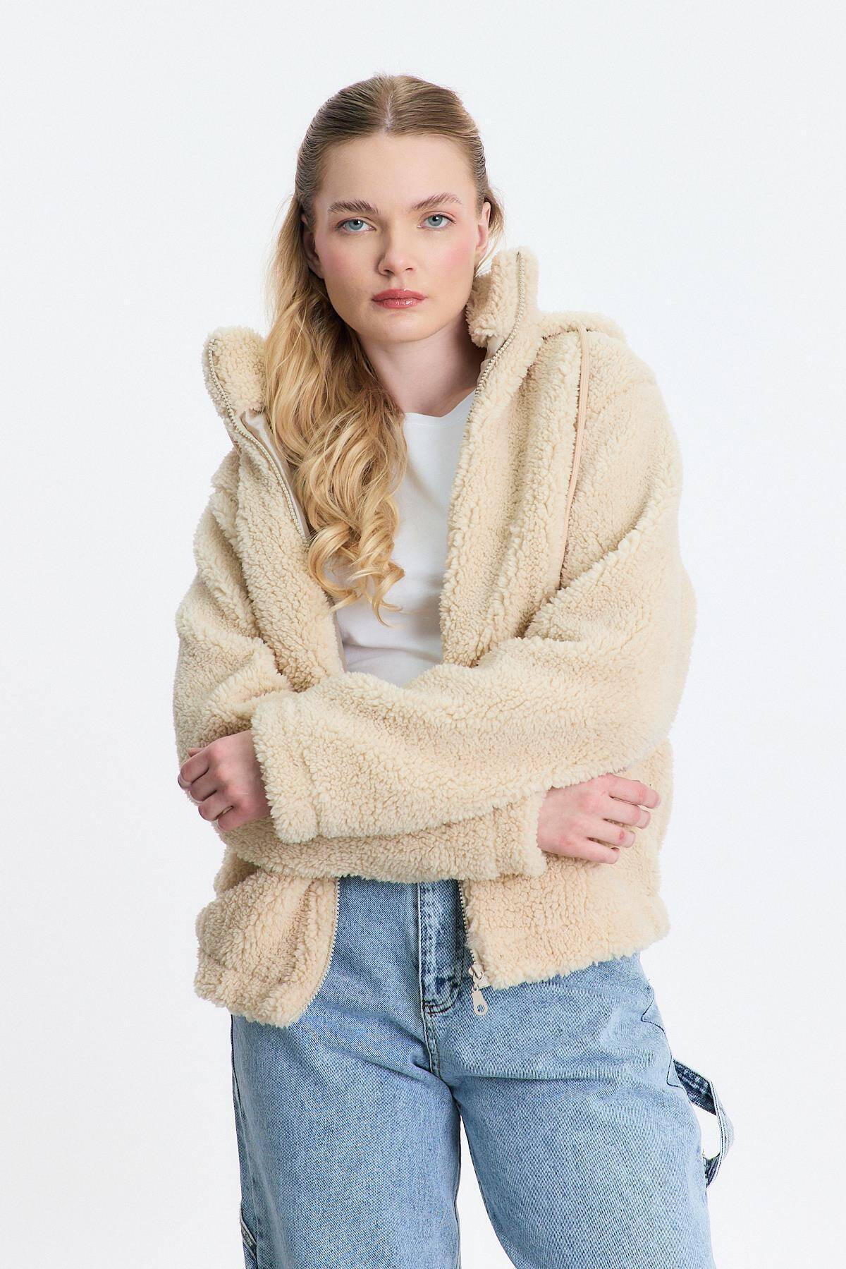 18847 Kapüşonlu Welsoft Hırka Taş - Stilay