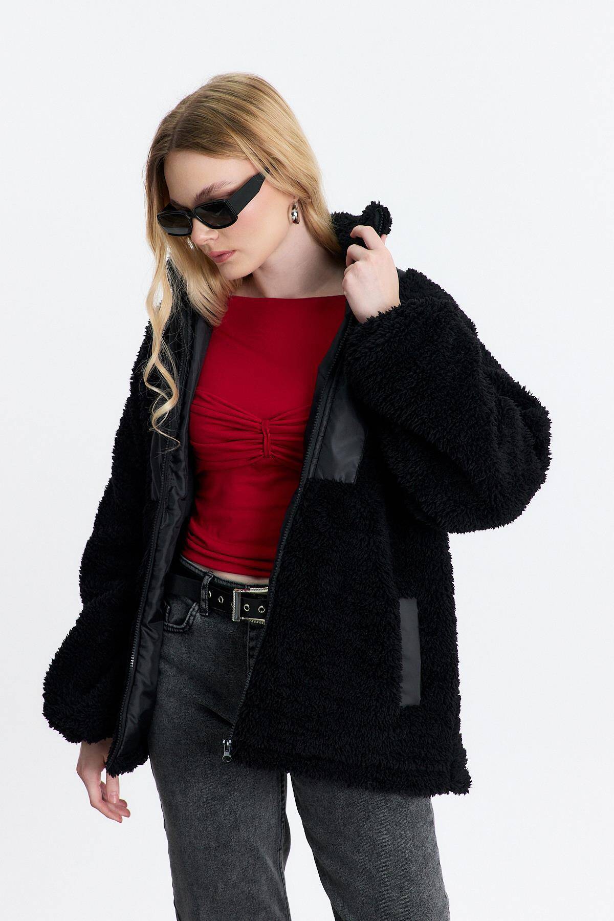 18887 Nakış Detay Cepli Welsoft Hırka Siyah - Stilay