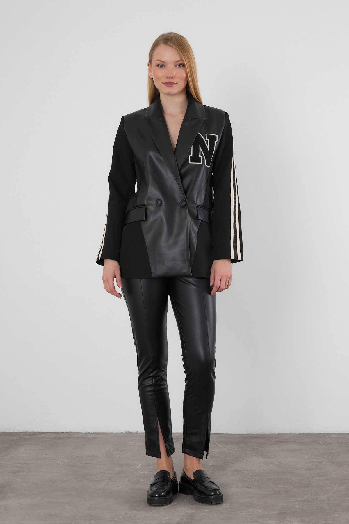 1932 Kolları Şeritli Deri Garnili Atlas Ceket Siyah - Stilay