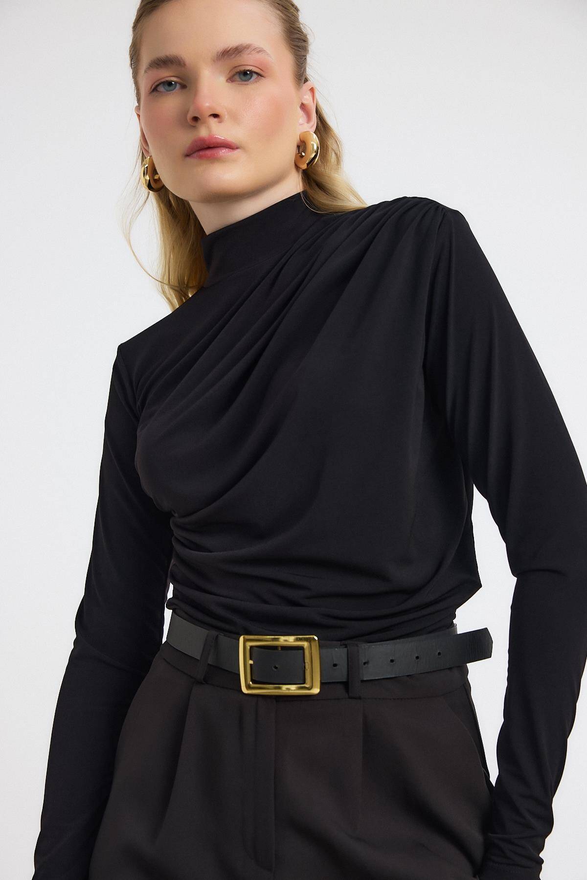 20059 Büzgü Detay Sandy Bluz Siyah - Stilay
