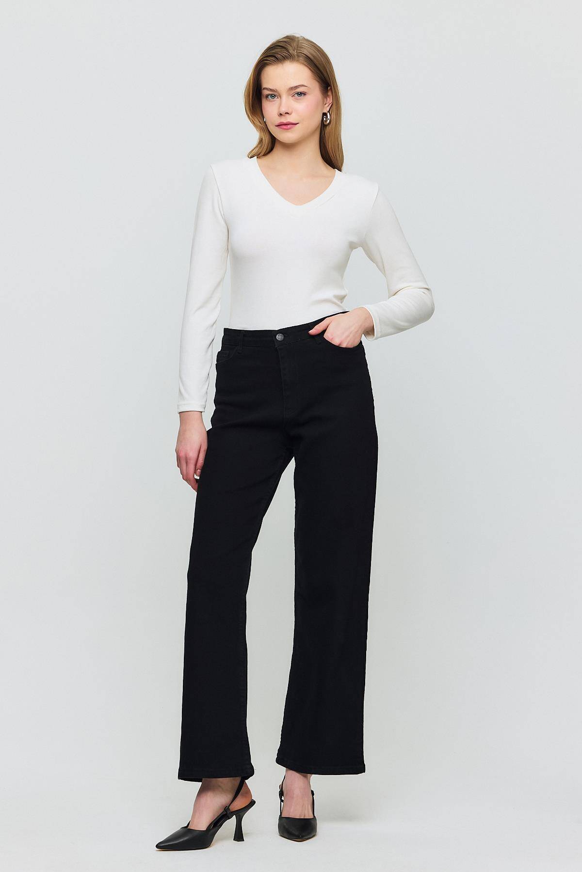 2070 V Yaka Uzun Kol Bluz Ekru - Stilay