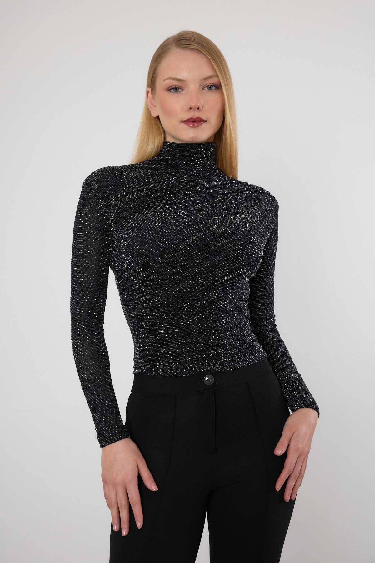 2103 Omuz Büzgü Detay Bluz Siyah - Stilay