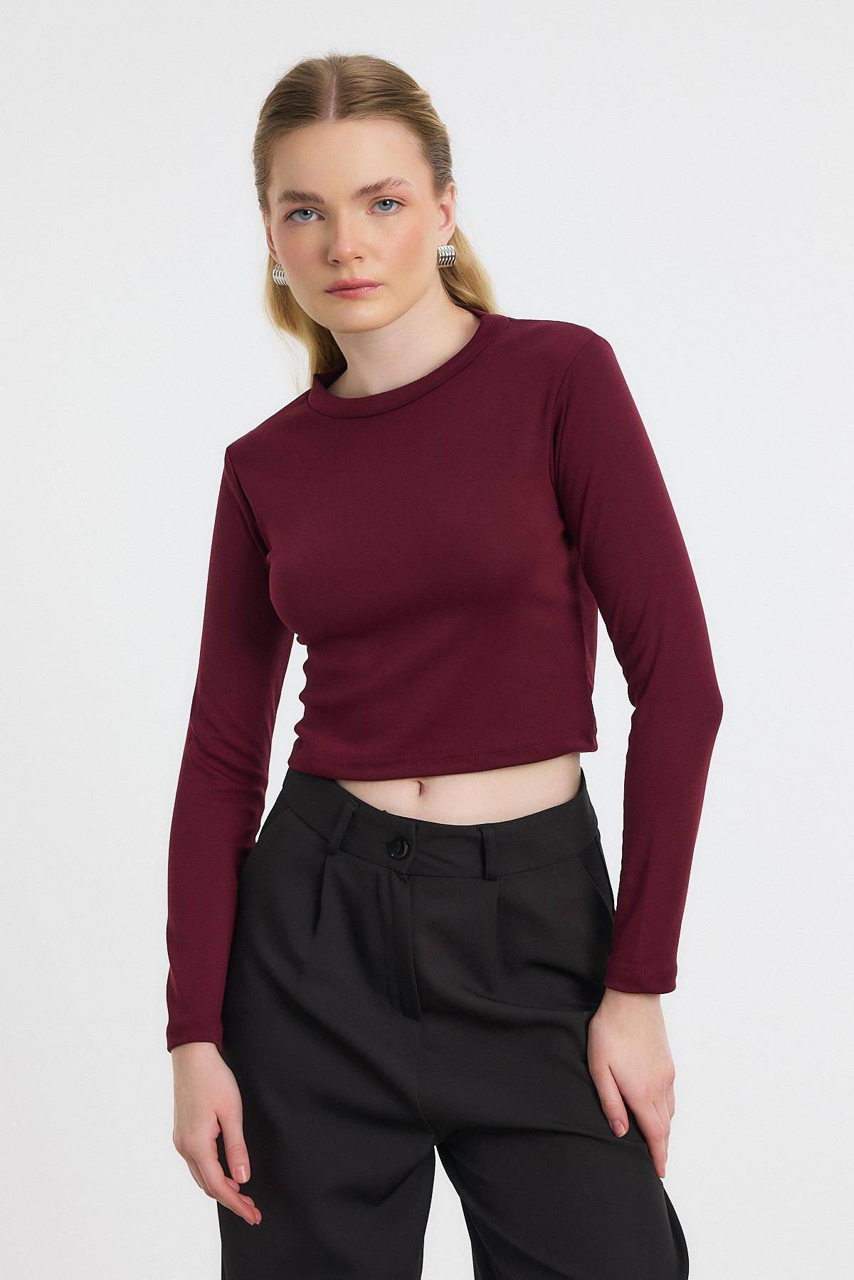 2132 Bisiklet Yaka Bluz Bordo - 1