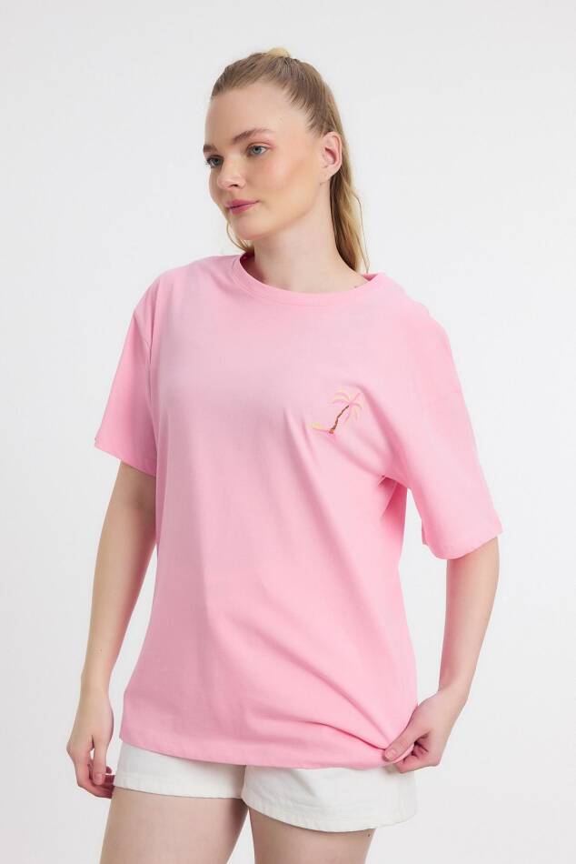 2150-16 Bisiklet Yaka Nakışlı Tişört Pembe - 6