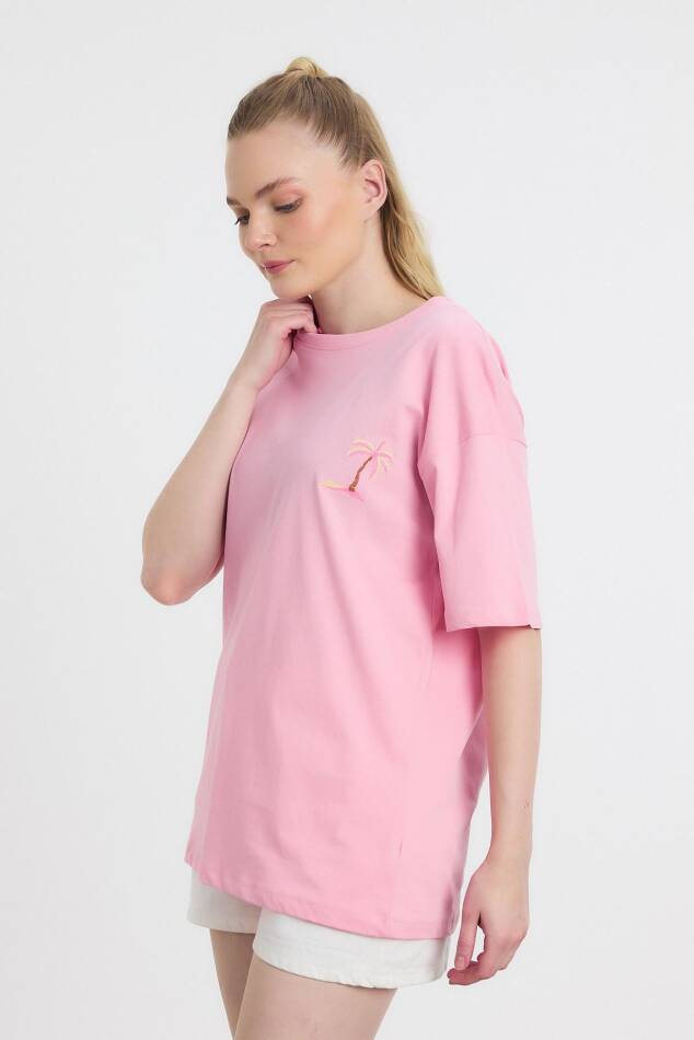 2150-16 Bisiklet Yaka Nakışlı Tişört Pembe - 7