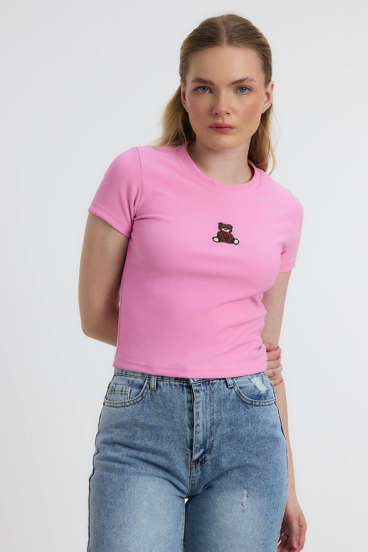 2199 Ayıcık Nakışlı Kısa Kol Bluz Pembe - 8