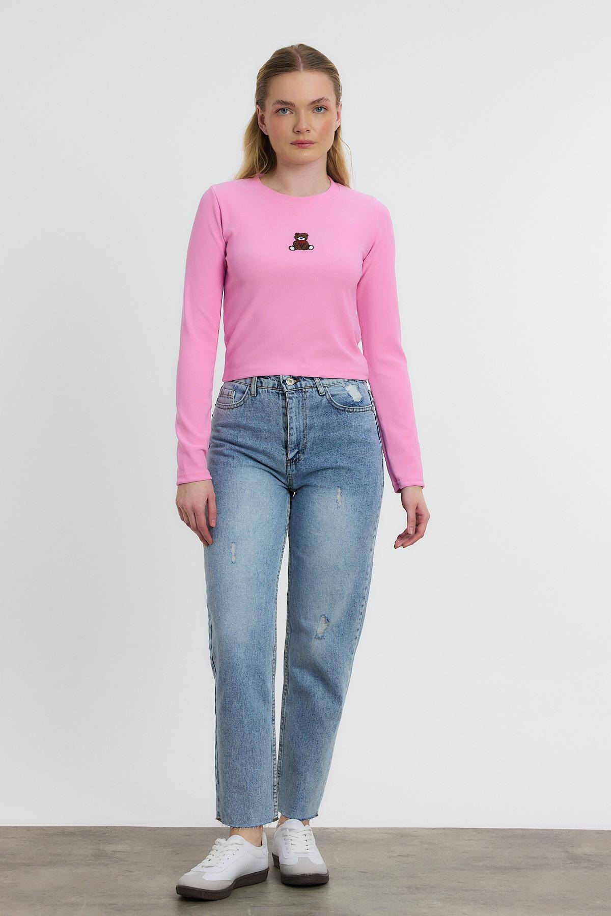 2200 Ayıcık Nakışlı Bisiklet Yaka Bluz Pembe - Stilay