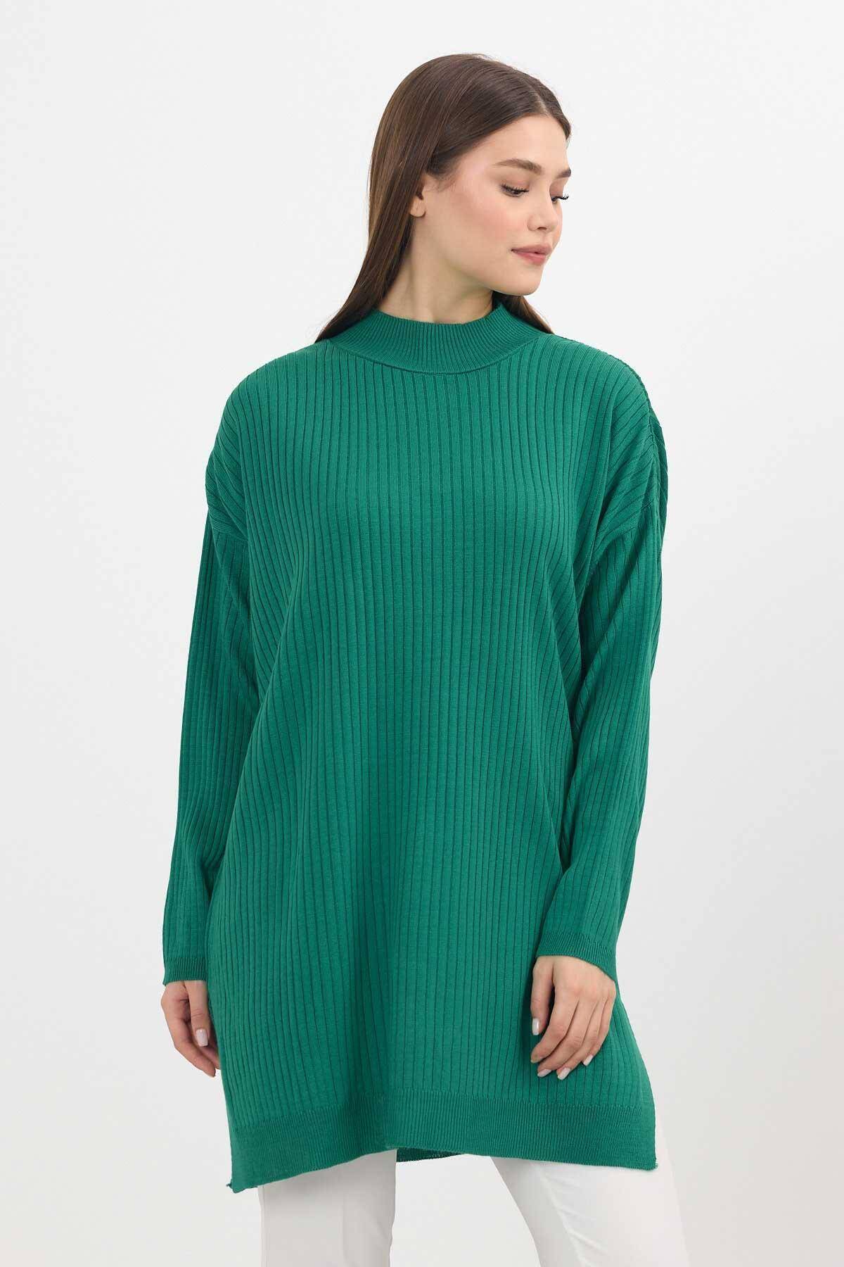 22131 Yırtmaç Detay Fitilli Tunik Benetton Yeşili - 8