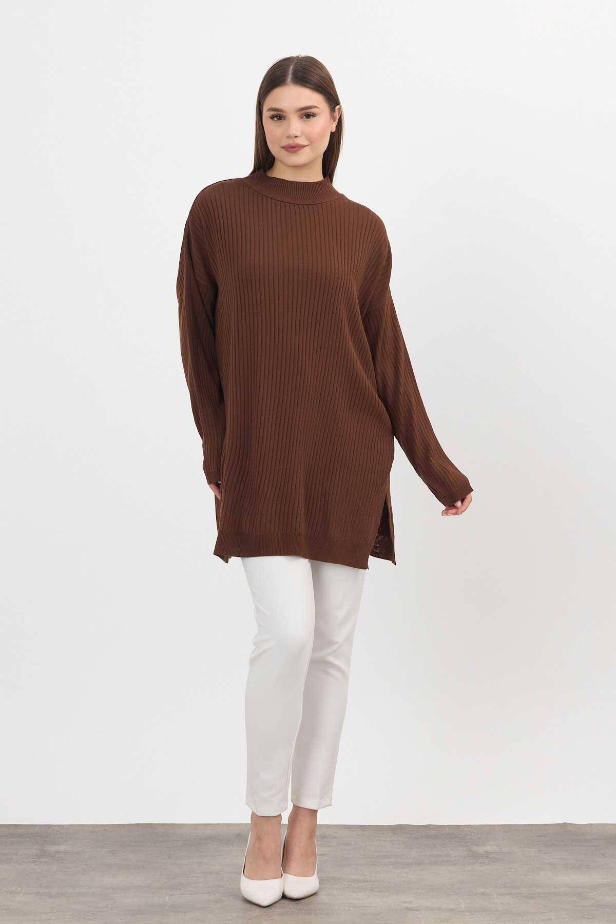 22131 Yırtmaç Detay Fitilli Tunik Kahve - Stilay