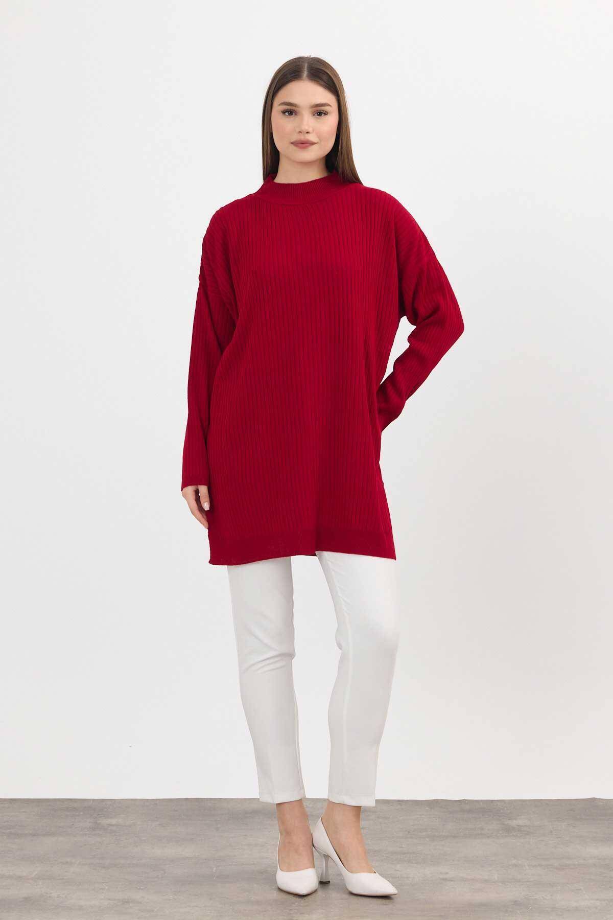 22131 Yırtmaç Detay Fitilli Tunik Kırmızı - Stilay