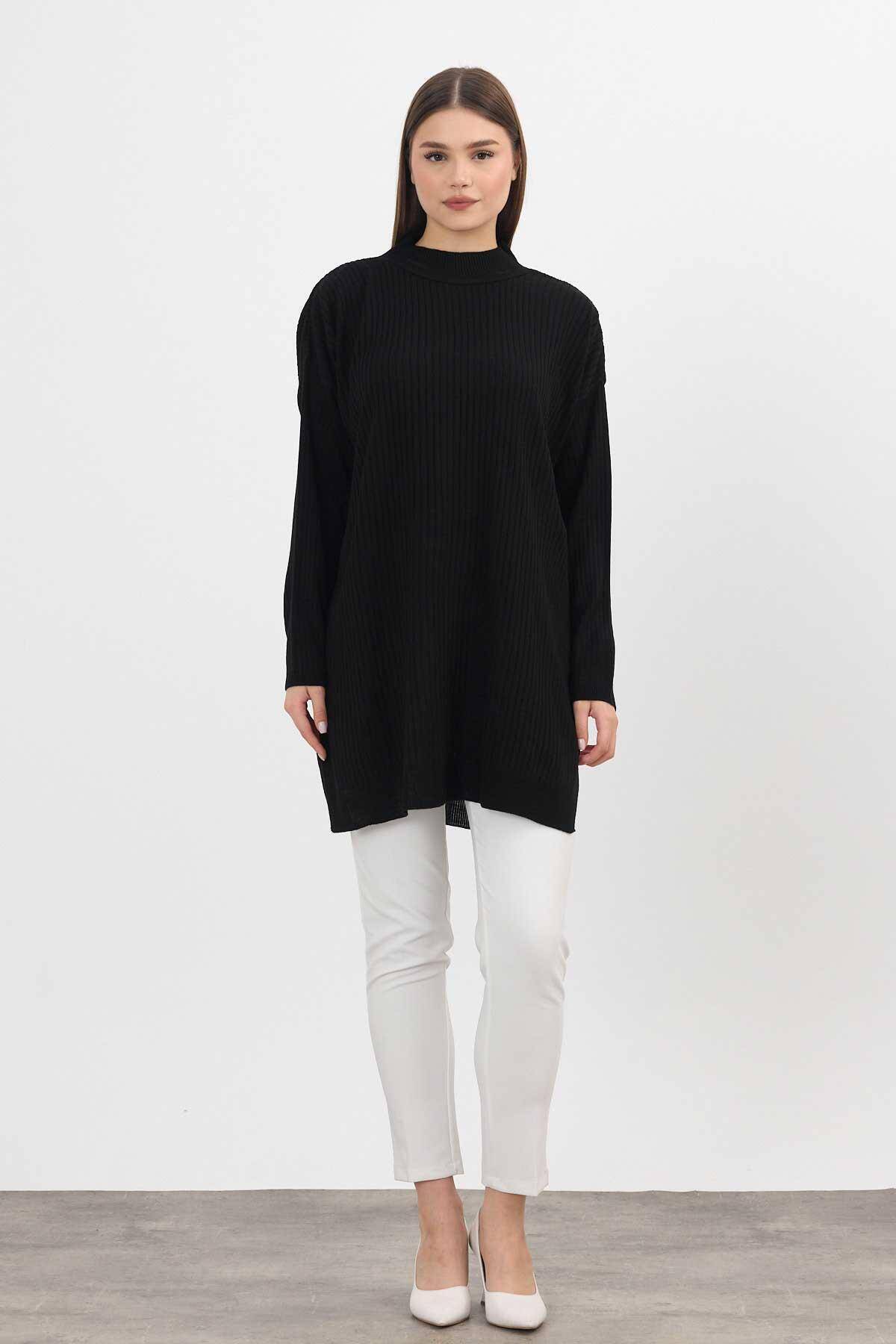 22131 Yırtmaç Detay Fitilli Tunik Siyah - Stilay