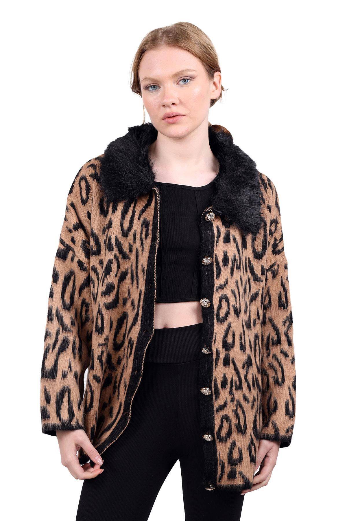 22288 Leopar Yakası Kürklü Hırka Siyah 