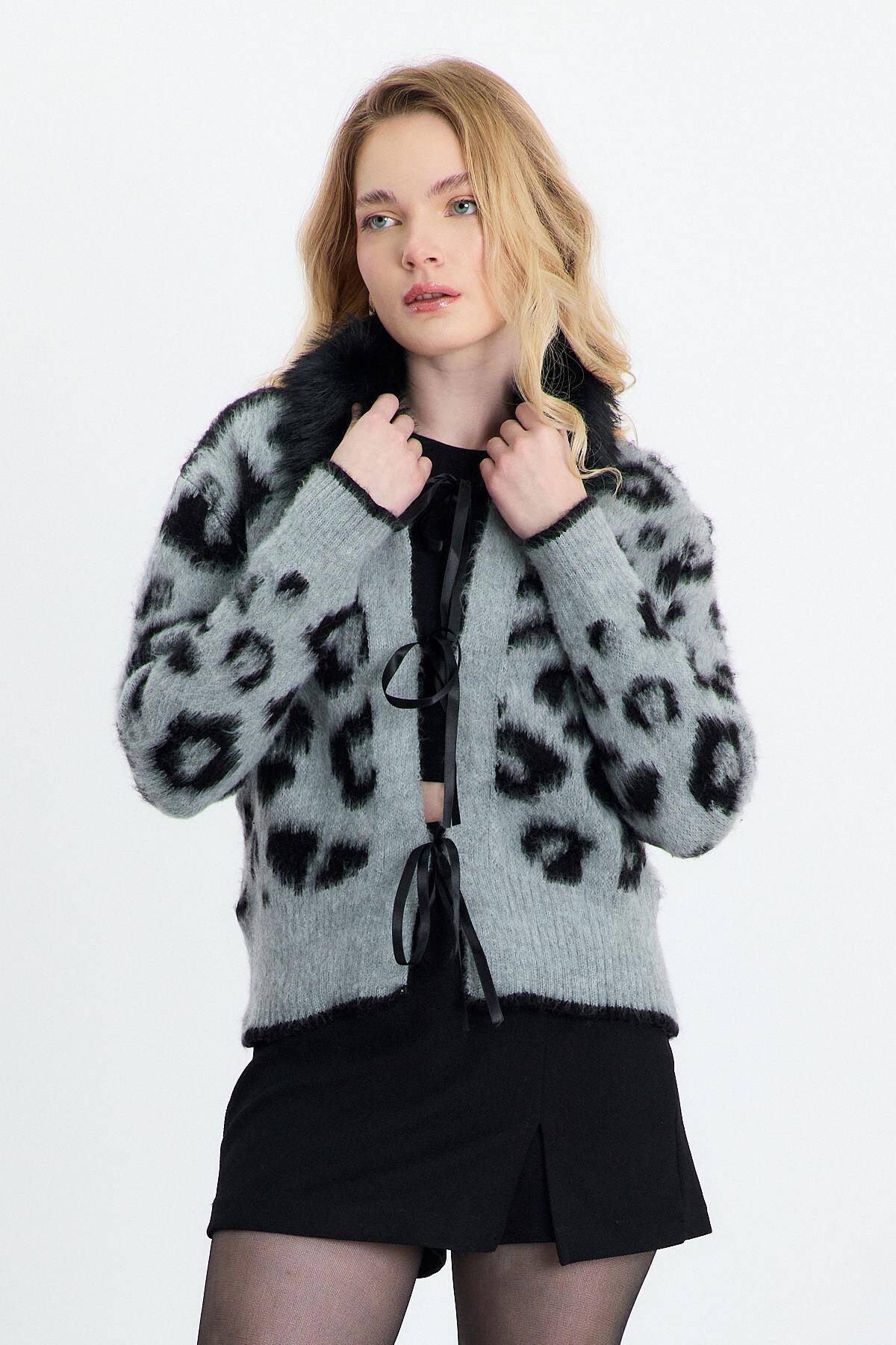 22289 Kürklü Leopar Hırka Gri - Stilay