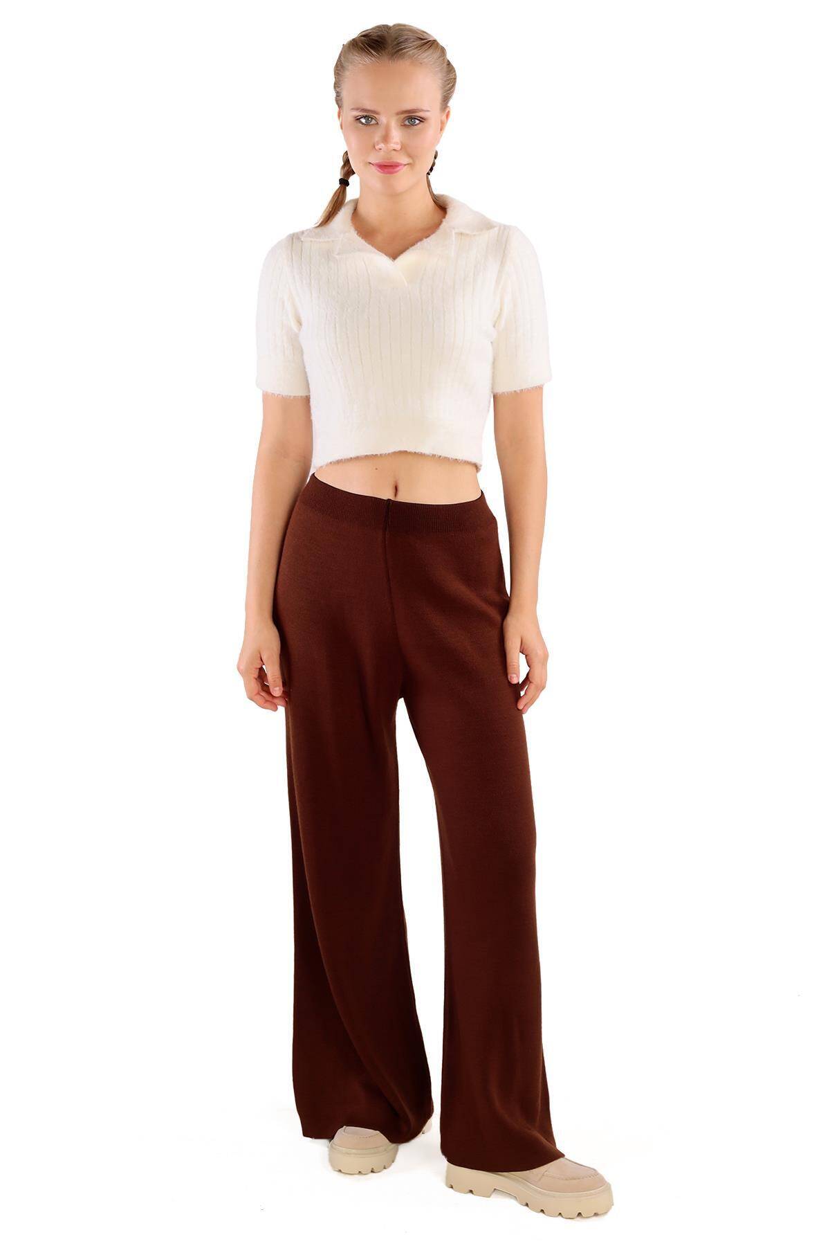 23274 Geniş Paça Triko Pantolon Acı Kahve - Stilay