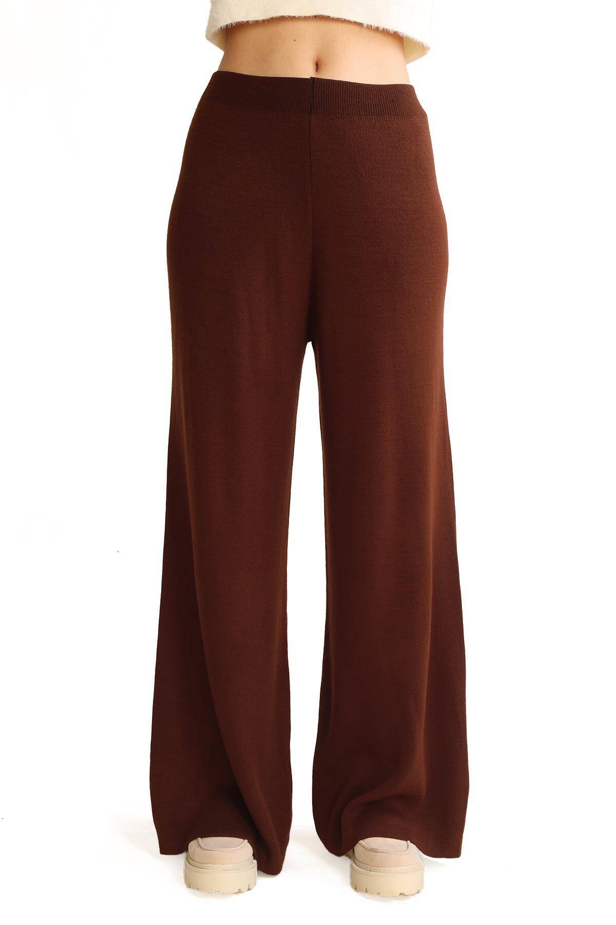 23274 Geniş Paça Triko Pantolon Acı Kahve - 3
