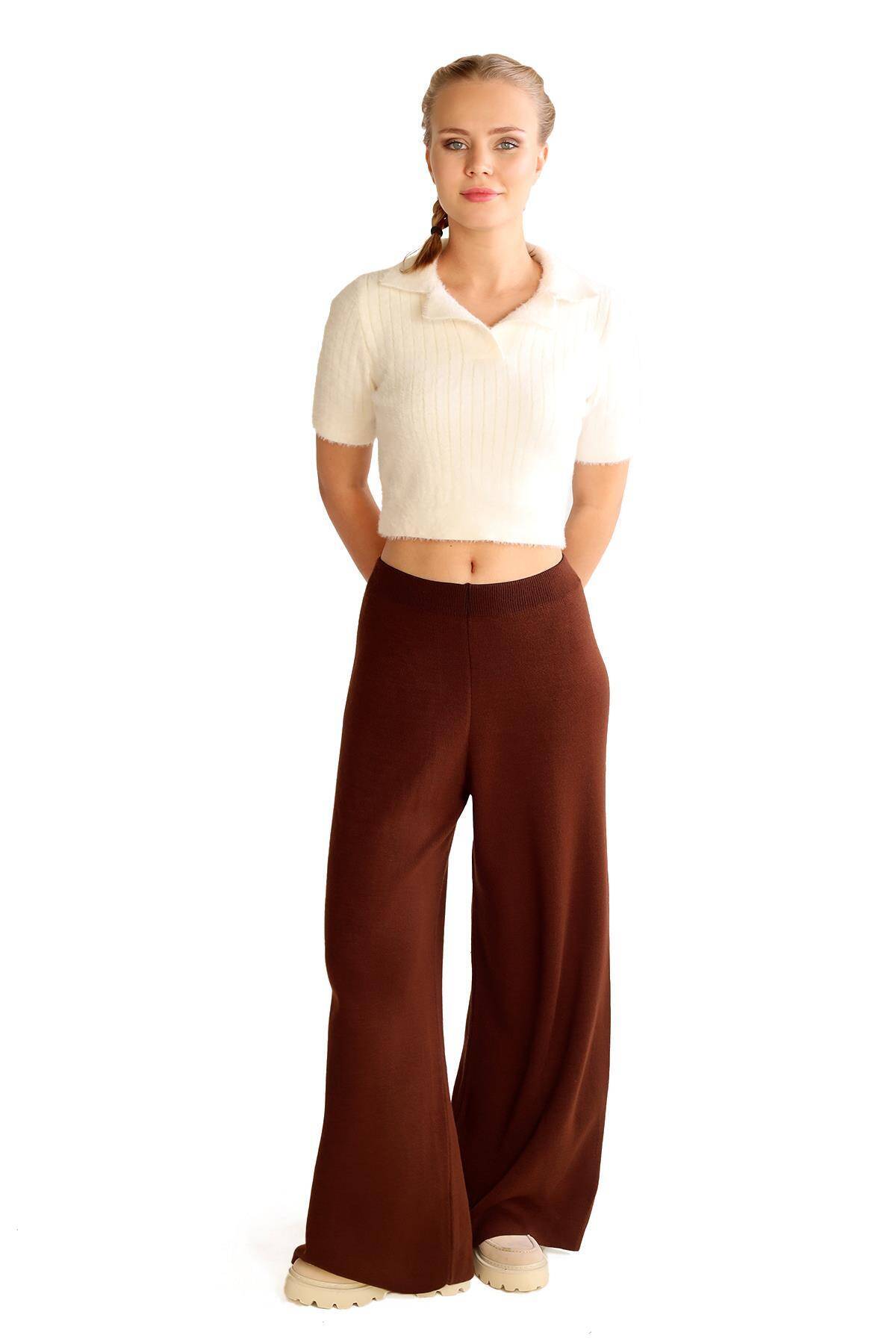 23274 Geniş Paça Triko Pantolon Acı Kahve - 7