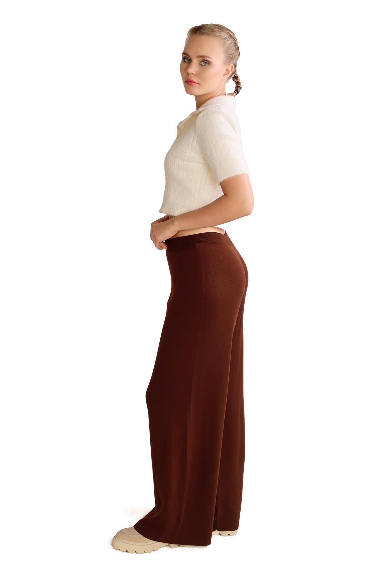 23274 Geniş Paça Triko Pantolon Acı Kahve - 8