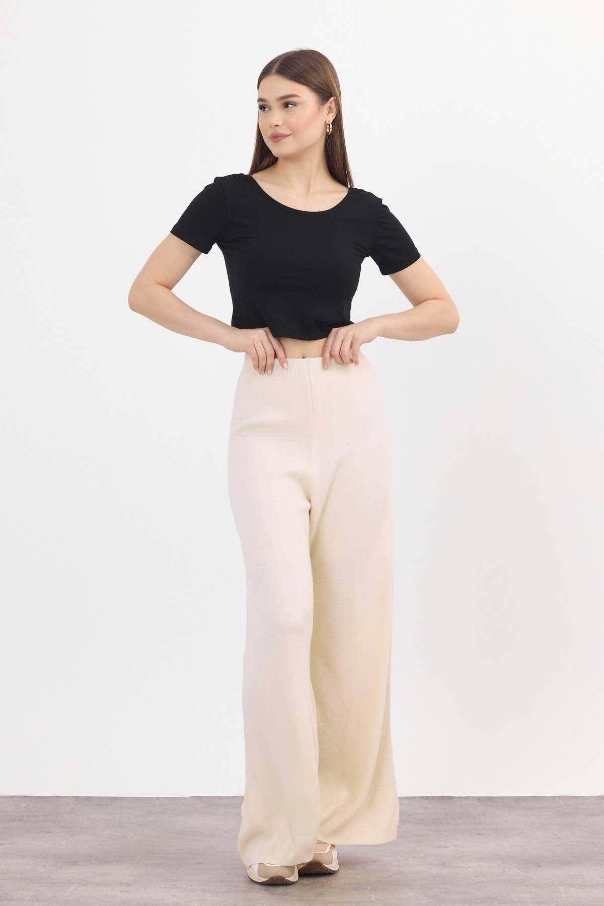 23274 Geniş Paça Triko Pantolon Krem - Stilay