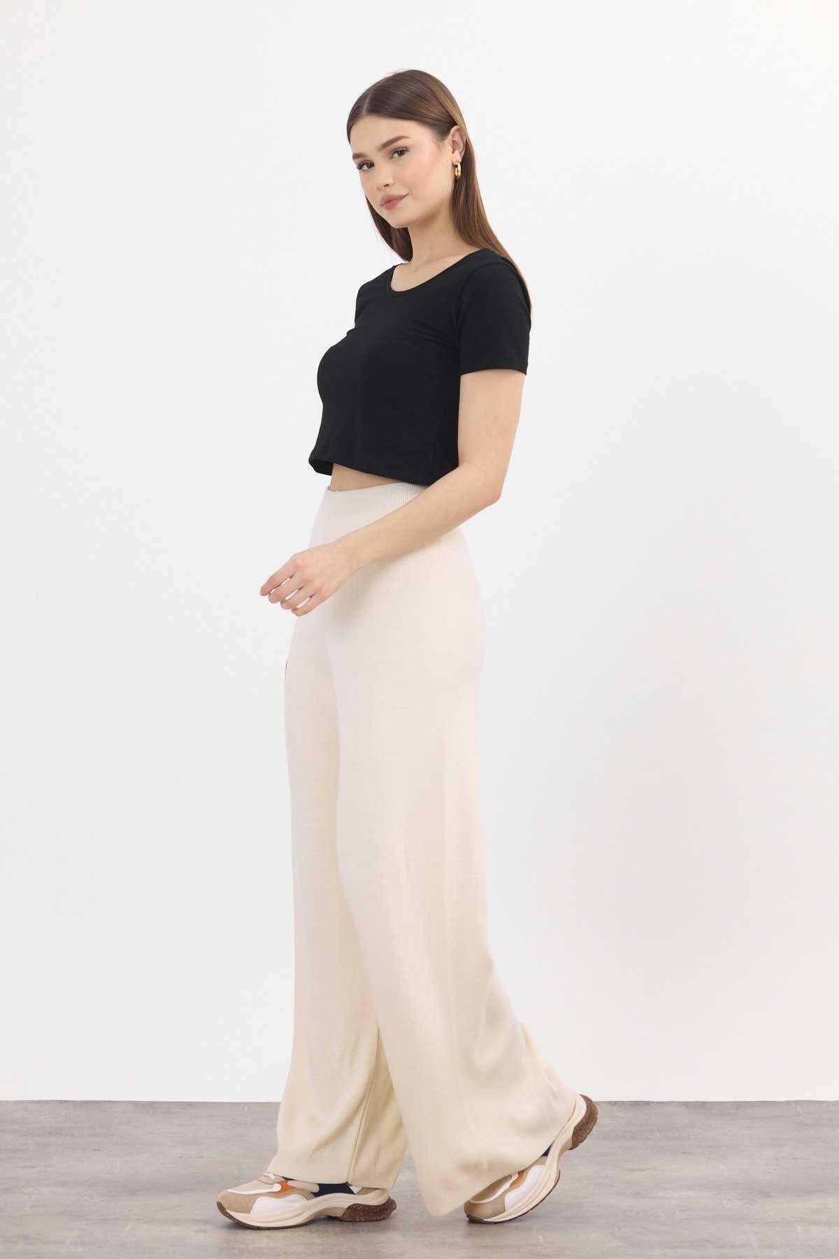 23274 Geniş Paça Triko Pantolon Krem - Stilay