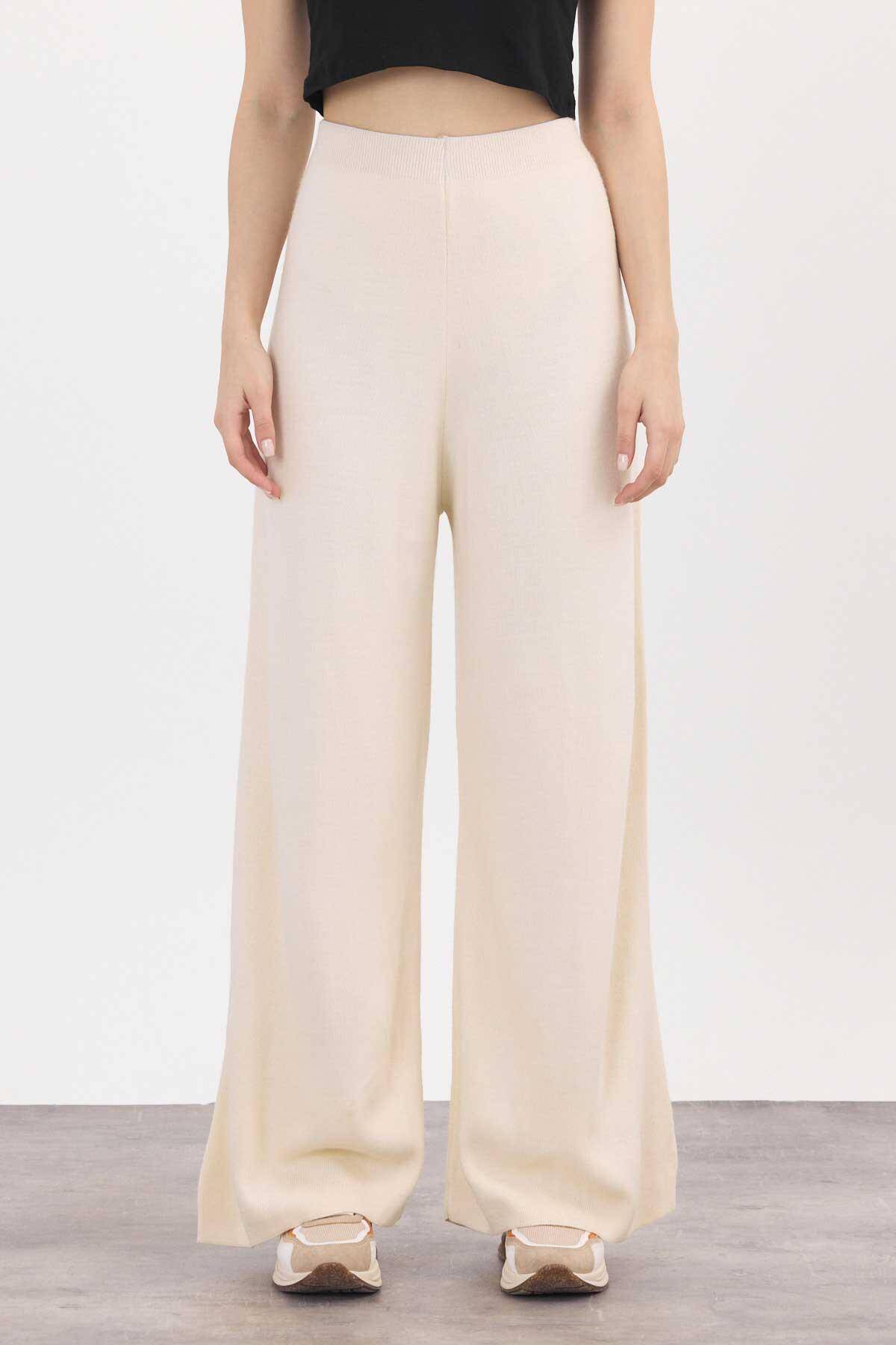 23274 Geniş Paça Triko Pantolon Krem - 3