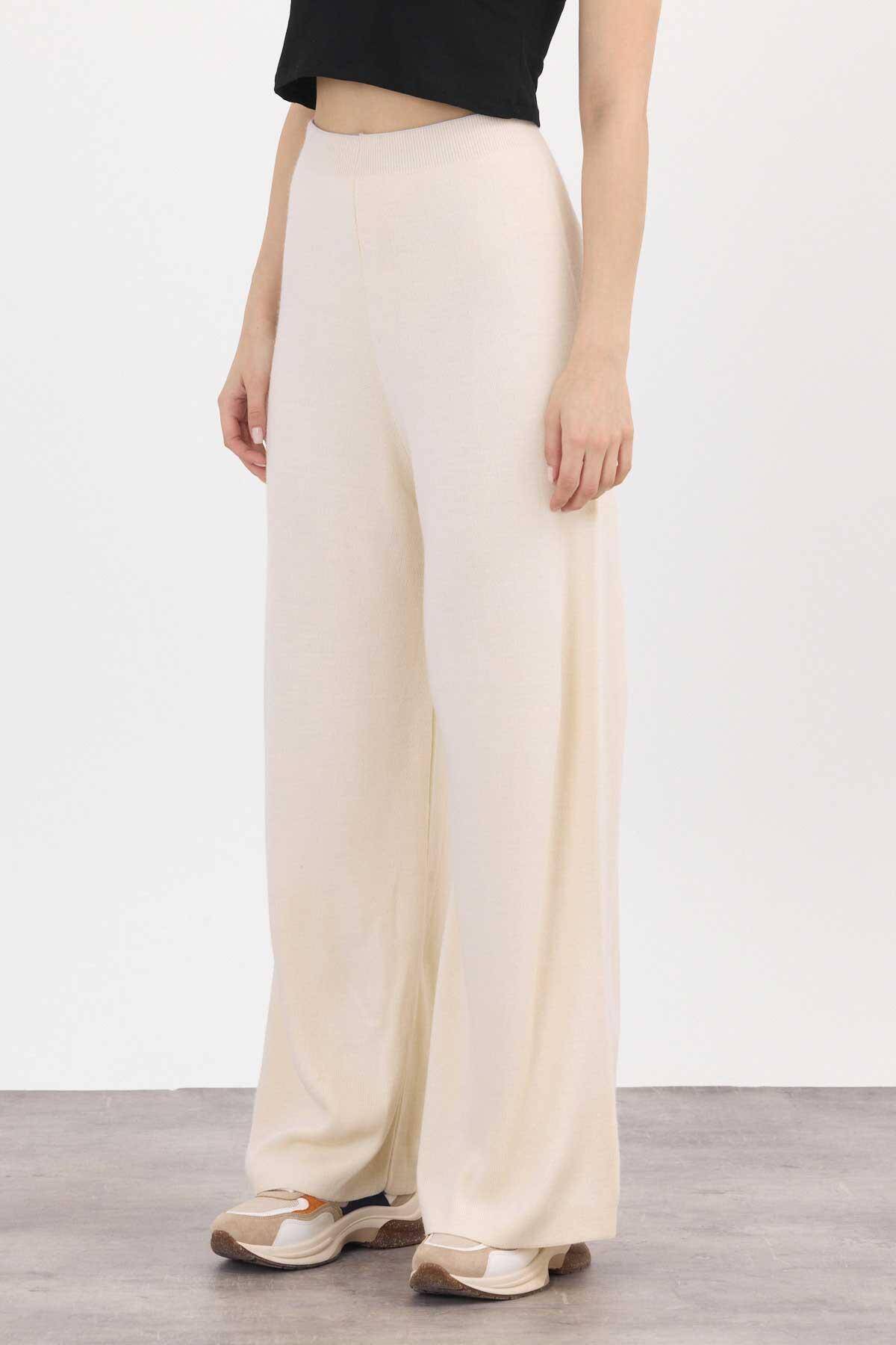 23274 Geniş Paça Triko Pantolon Krem - 4