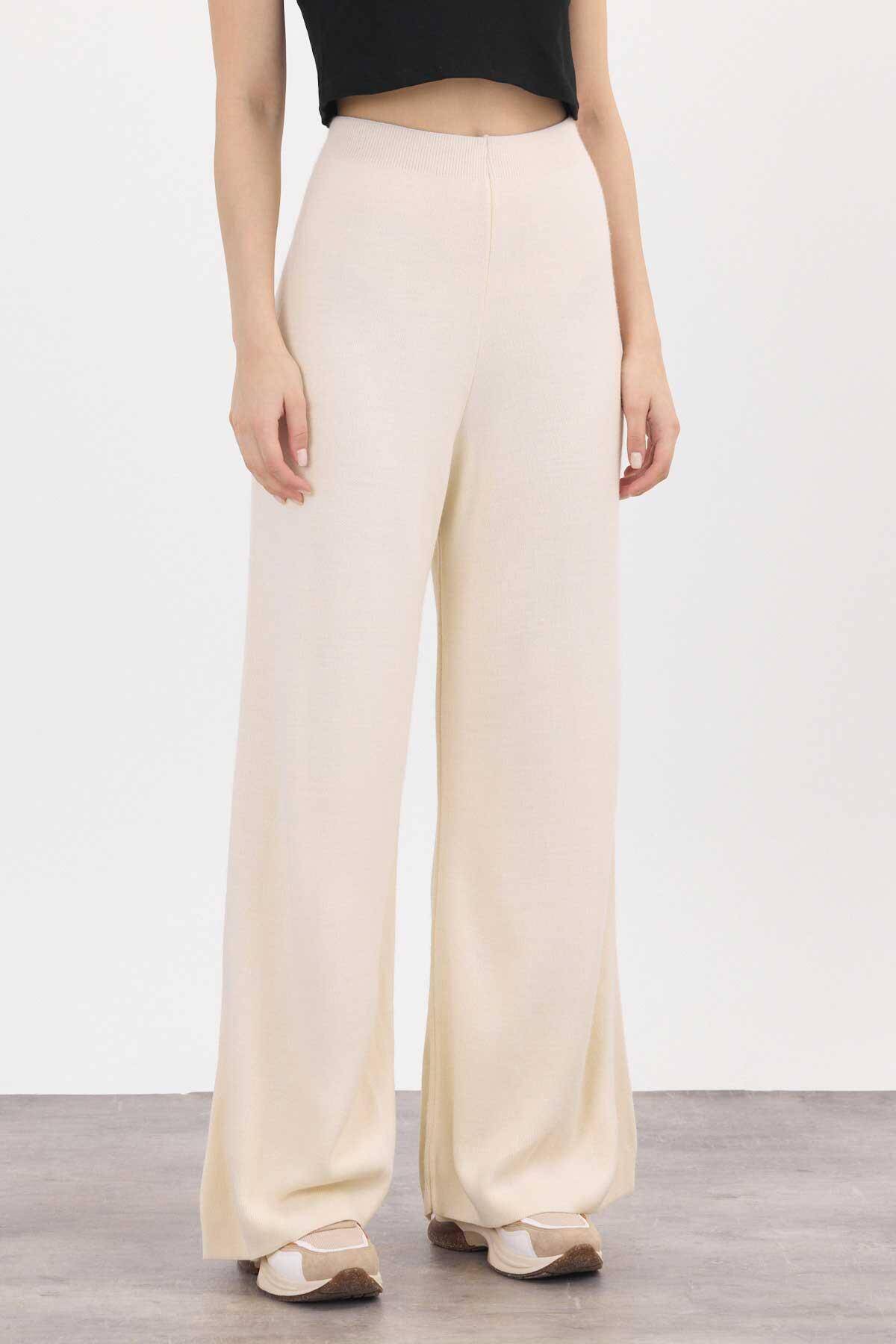 23274 Geniş Paça Triko Pantolon Krem - 5