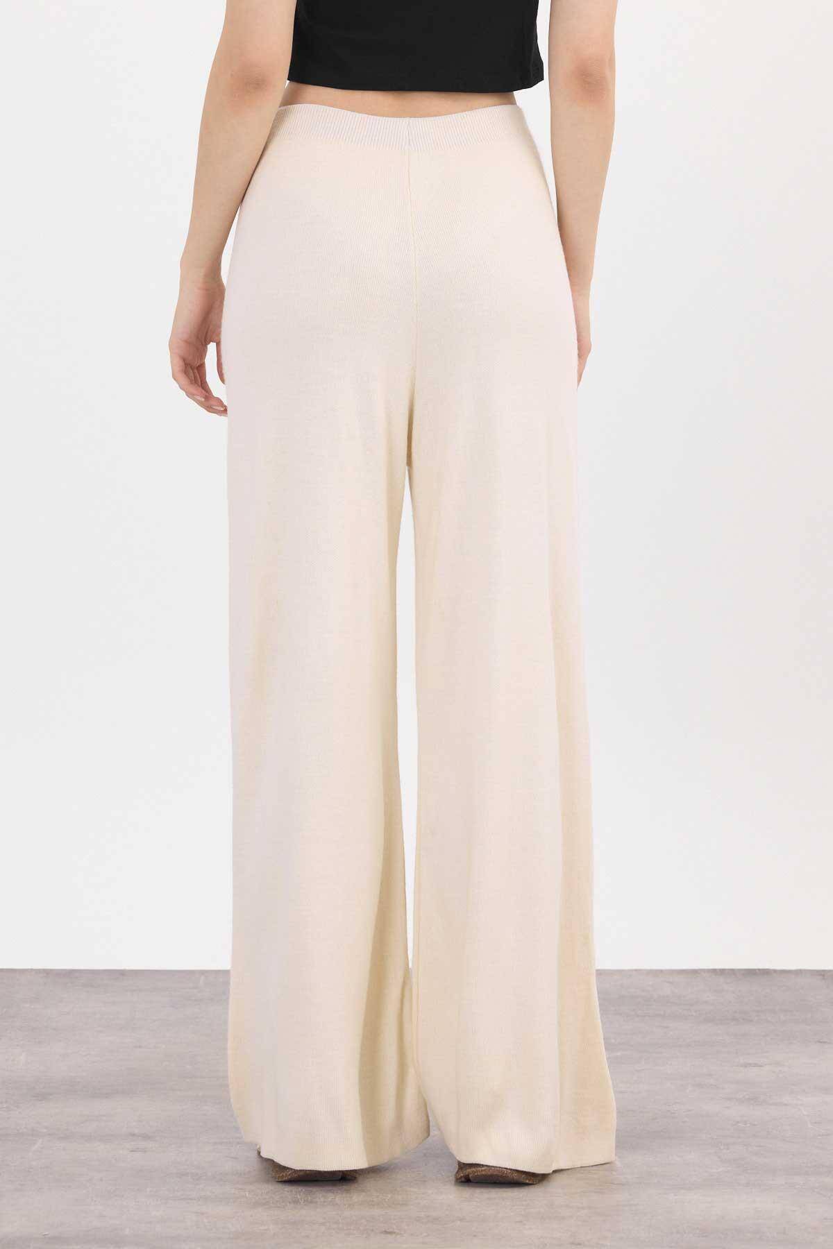 23274 Geniş Paça Triko Pantolon Krem - 6
