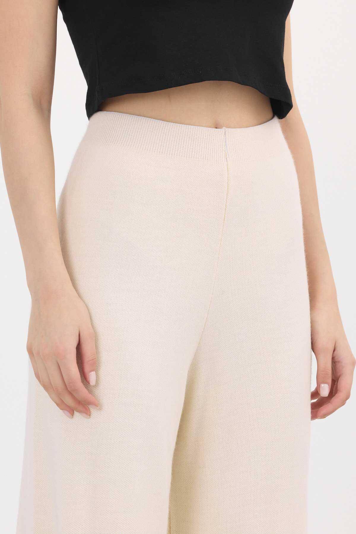 23274 Geniş Paça Triko Pantolon Krem - 7