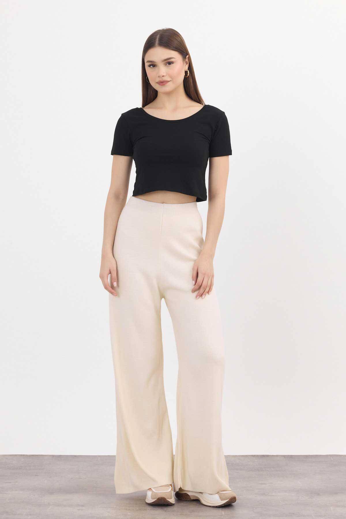 23274 Geniş Paça Triko Pantolon Krem - 8